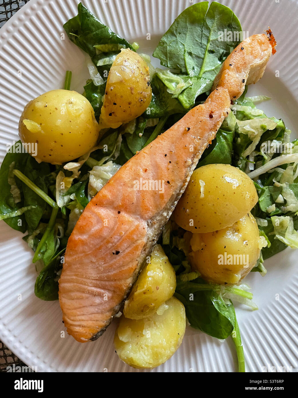 Close Up of Grilled Salmon and New Potato Entree,  USA - Smartphone Captured Stock Image