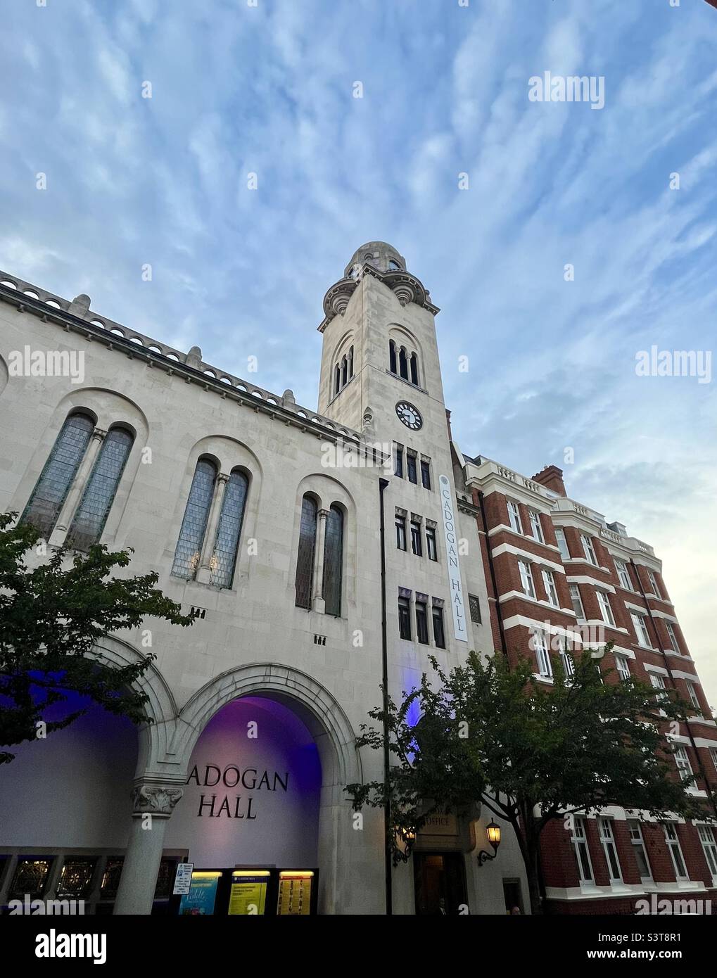 Cadogan Hall looking up at the bell tower on a June evening in 2022 Stock Photo