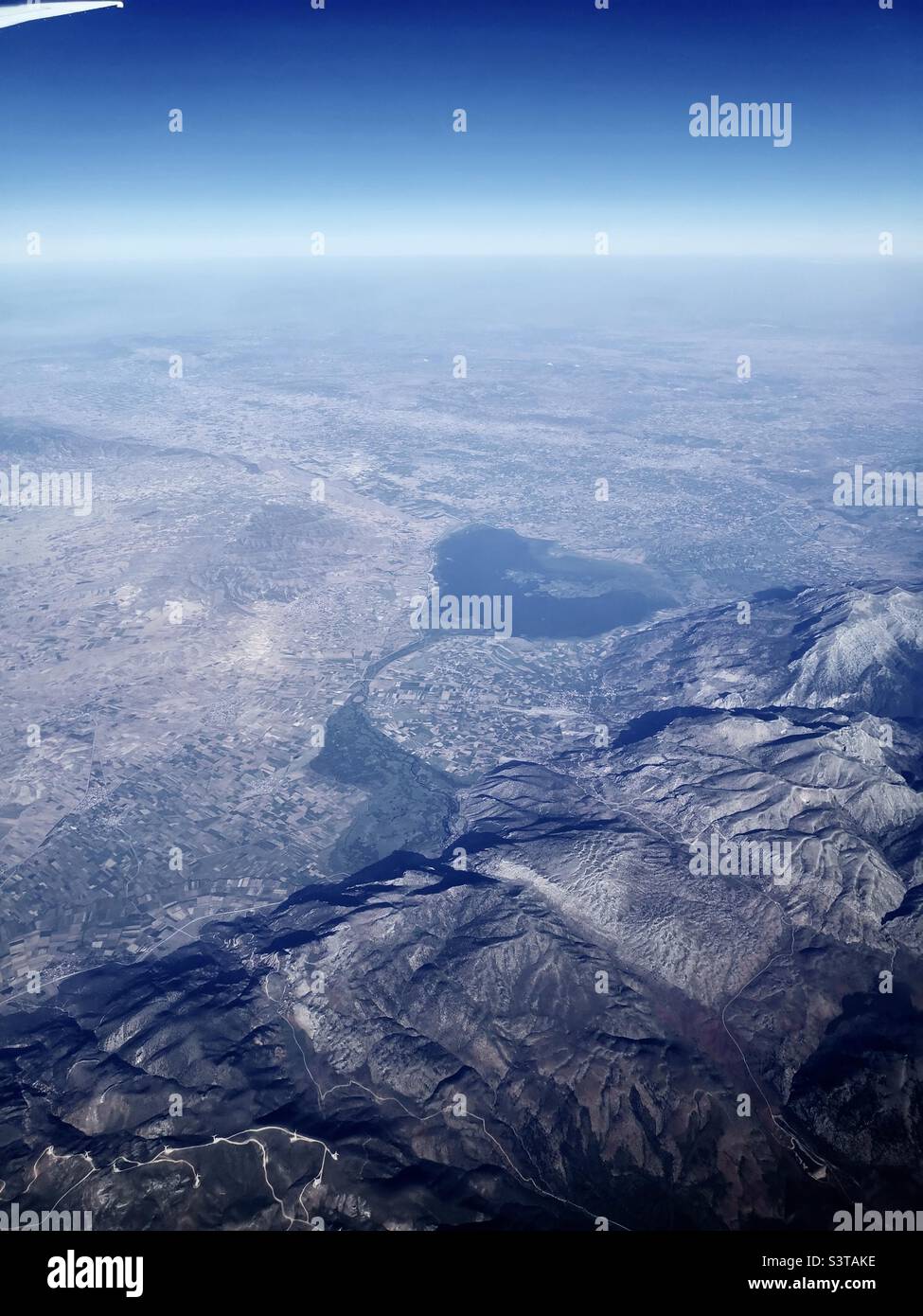 Aerial view of Işıklı Gölü and ant the mountains near it. Stock Photo