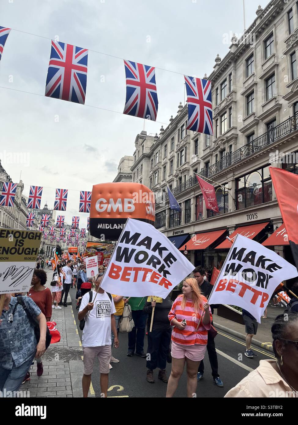 TUC, We demand better: March and Rally, Saturday 18 June 2022, Portland Place, London - protest- make work better - GMB - Smartphone Captured Stock Image