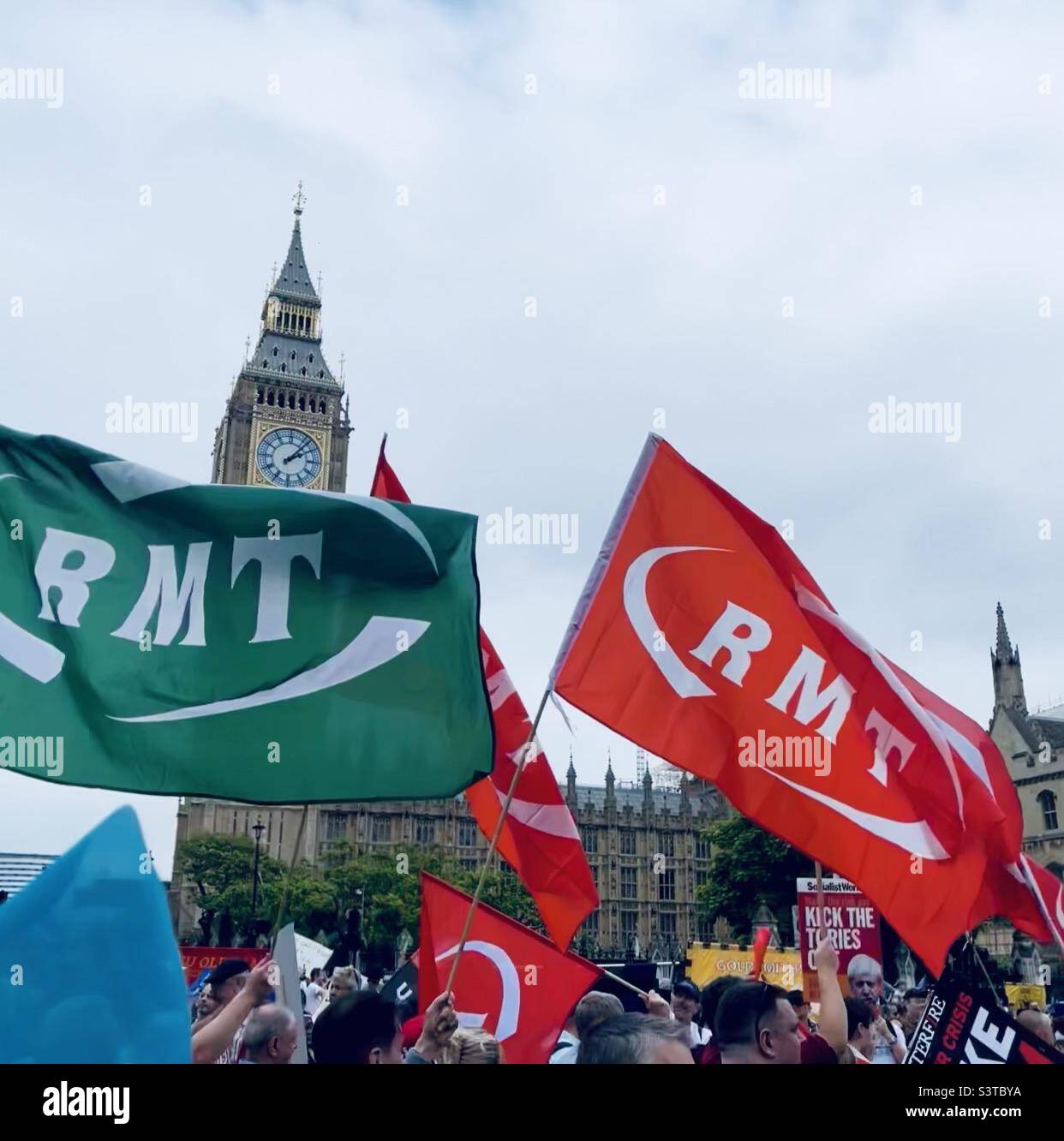 TUC, We demand better: March and Rally, Saturday 18 June 2022, Parliament Square London - protest - RMT trade union colourful flags - Smartphone Captured Stock Image