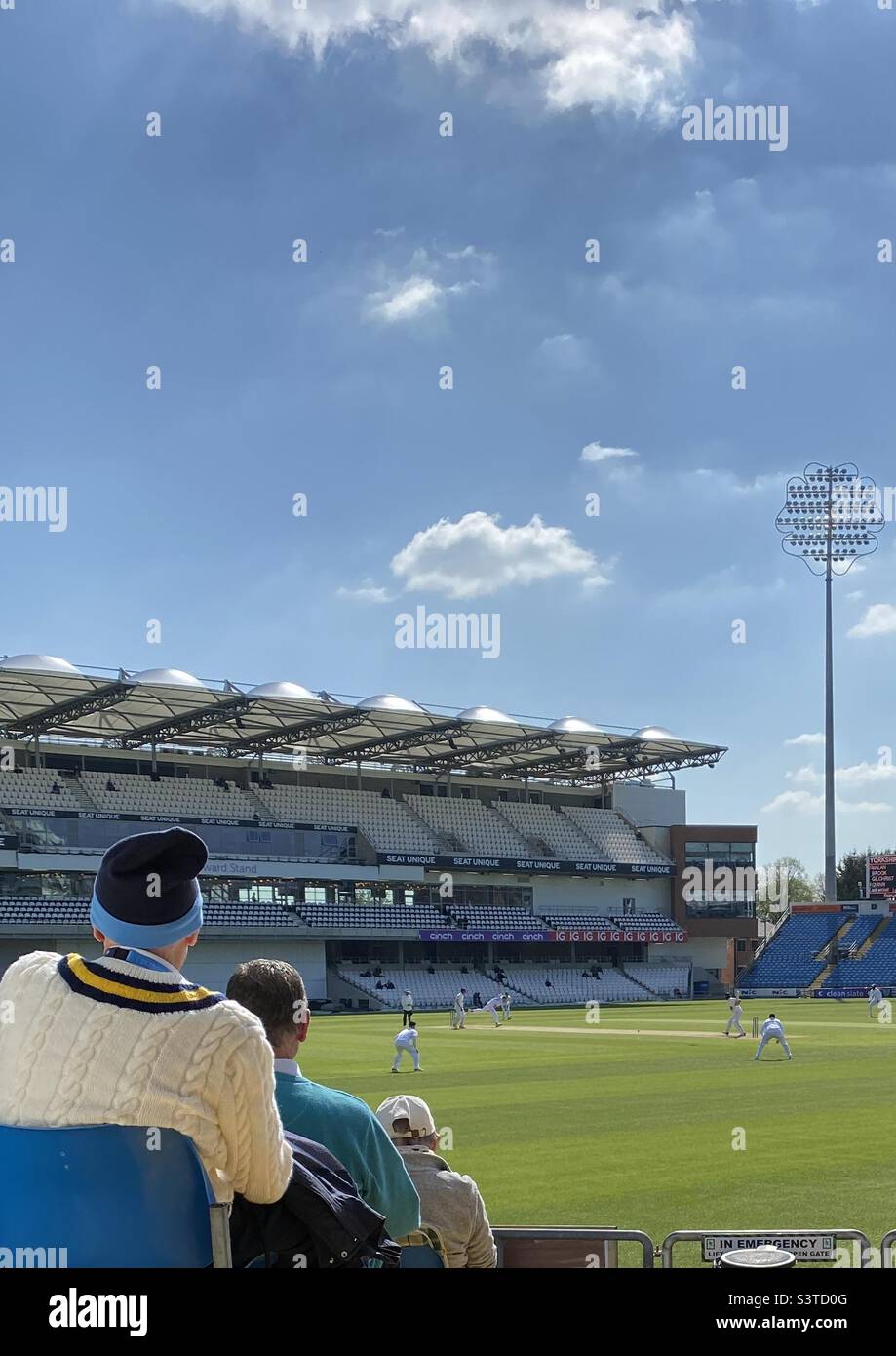 Red ball (traditional) cricket against Kent at Headingley Cricket Ground, Leeds, UK, home of Yorkshire County Cricket Club, on 29th April, 2022. This shows the new Howard Stand. Stock Photo