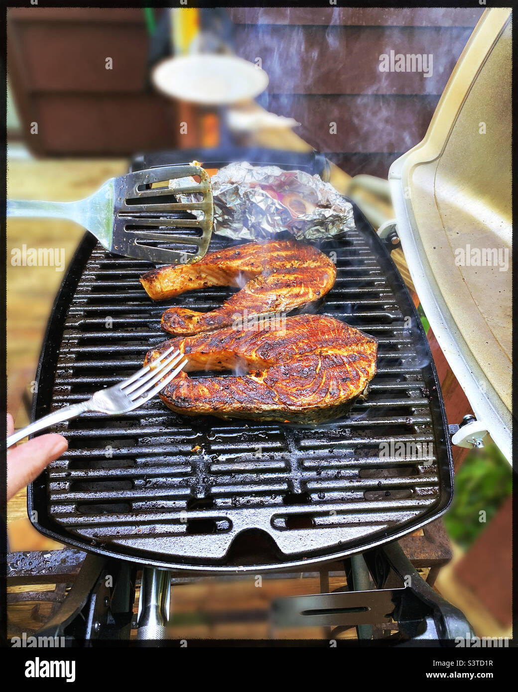 Salmon steaks cooking on portable gas grill Stock Photo - Alamy