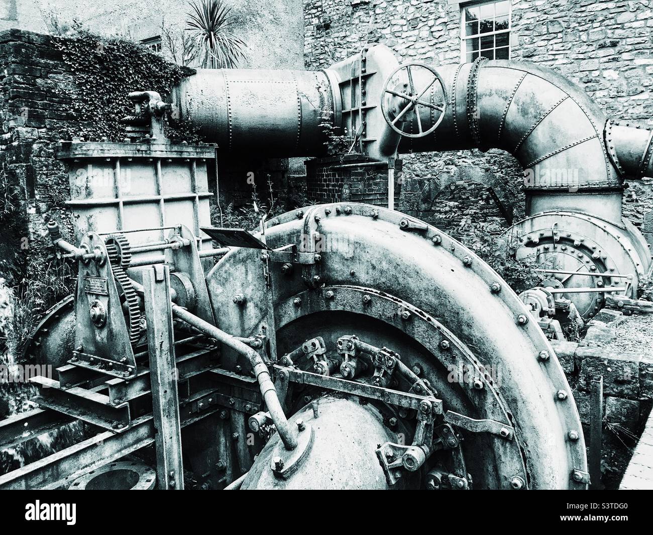 Old water mill machinery, Cressbrook Mill, Derbyshire, UK - Smartphone Captured Stock Image