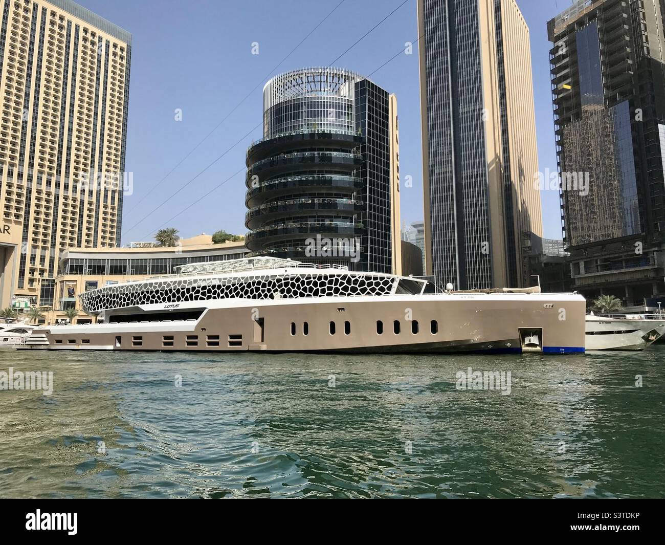 Lotus Mega Yacht in Dubai Marina, Dubai, OAE - Smartphone Captured Stock Image