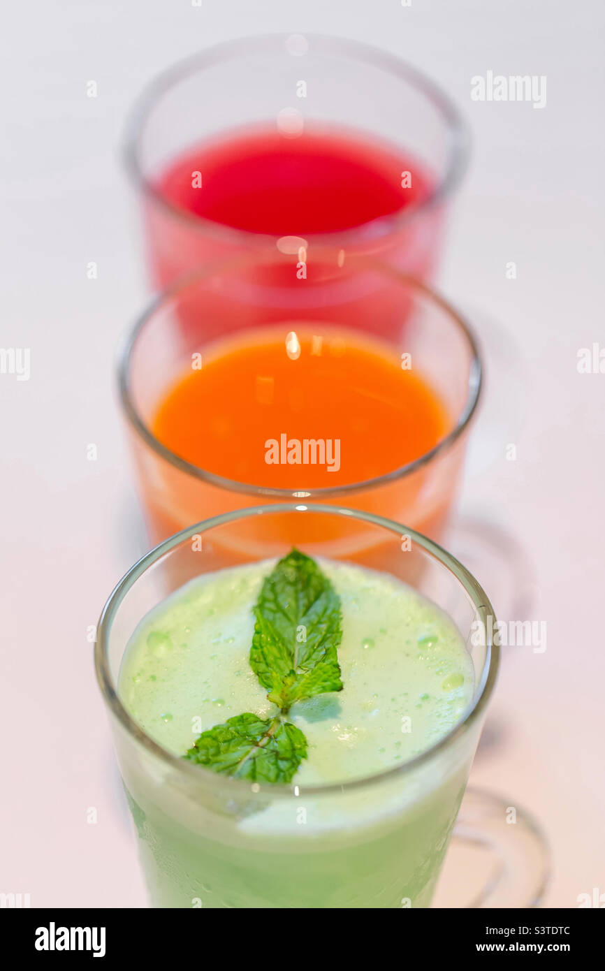 Freshly squeezed juices, variety, healthy lifestyle - Smartphone Captured Stock Image