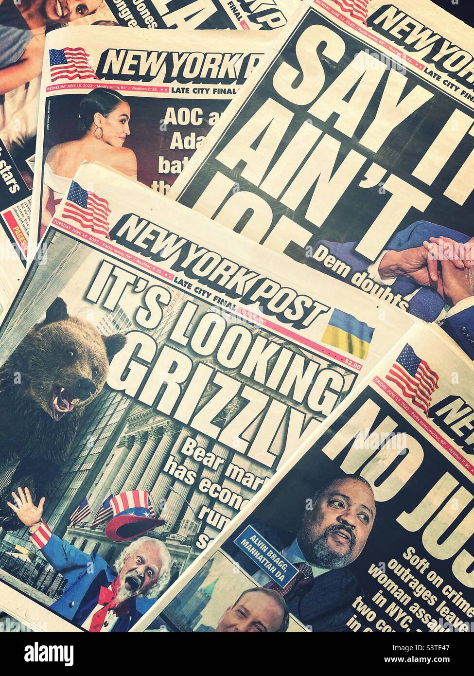Close up of an array of New York Post newspapers one highlighting the bear market in the stock market, June 2022, New York City, USA - Smartphone Captured Stock Image