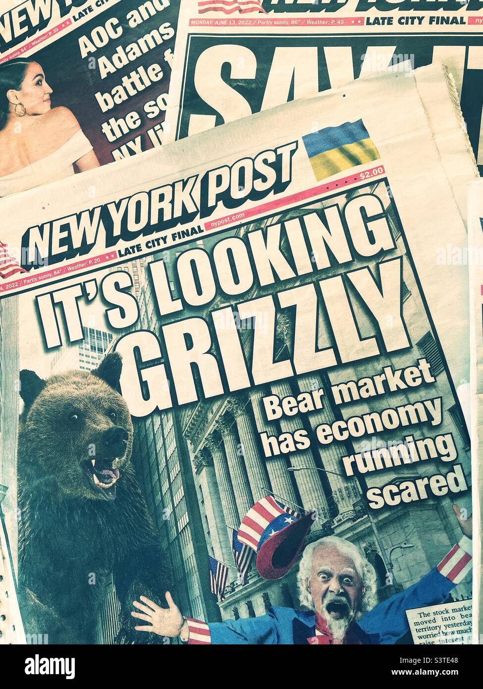 Close-up of front covers of the New York post newspaper discussing a bear market on Wall Street, June 2022, New York City, USA - Smartphone Captured Stock Image