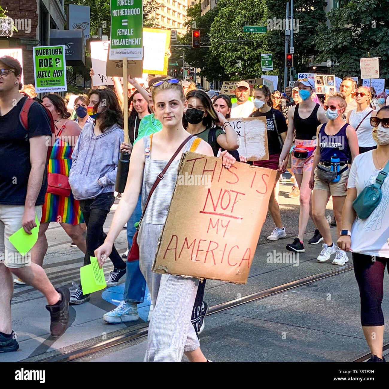 March in protest of the June 24, 2022 s Supteme Court decision to overturn Roe v Wade, thereby revoking the national right to abortions. Seattle, Washington, June 25, 2022 Stock Photo