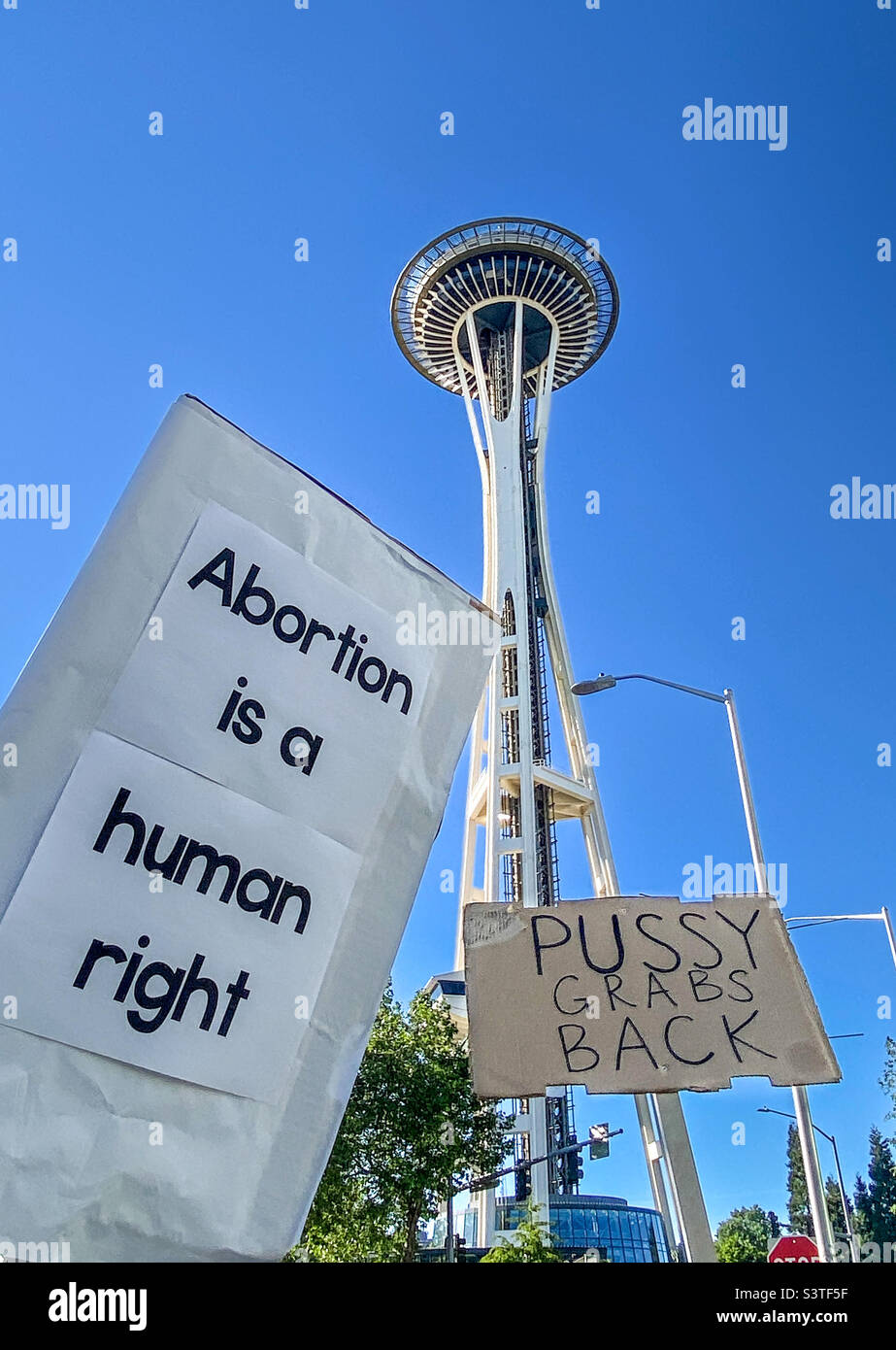 Protest signs against the July 24, 2022 ruling by the Supreme Court to overturn the landmark 1973 Roe v Wade, thereby ceasing federal protection for abortion in the US. Seattle, 7/26/2022 - Smartphone Captured Stock Image