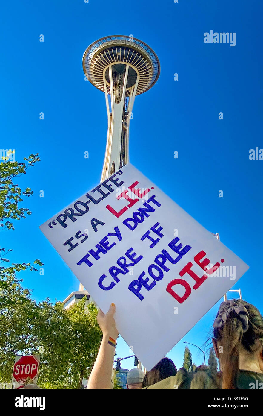 Protest signs against the July 24, 2022 ruling by the Supreme Court to overturn the landmark 1973 Roe v Wade, thereby ceasing federal protection for abortion in the US. Seattle, 7/26/2022 Stock Photo