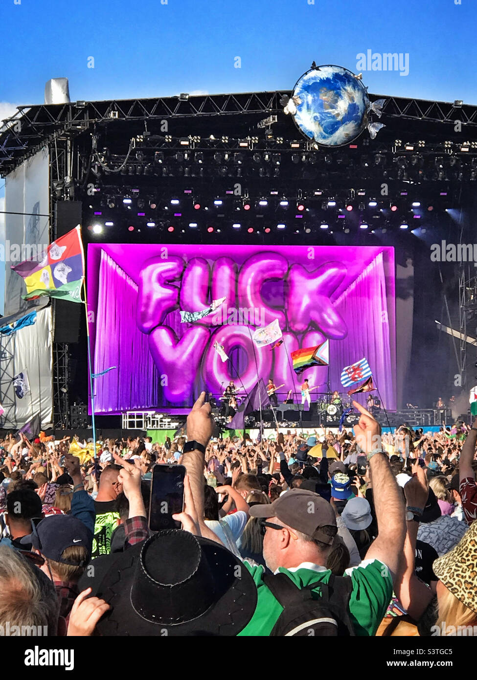 The “Fuck You” sign displayed on stage during the performance of Olivia Rodrigo & Lily Allen at the Glastonbury Festival 2022 as a response to the US Supreme Court judgement in the Wade vs Roe debate. Stock Photo