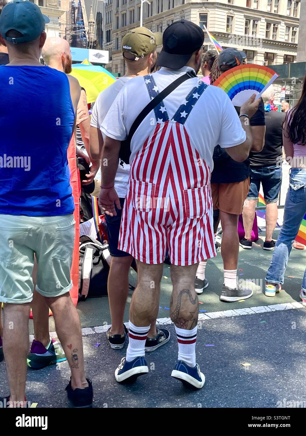 Amen in American flag overall swatches the New York pride parade 2020 - Smartphone Captured Stock Image