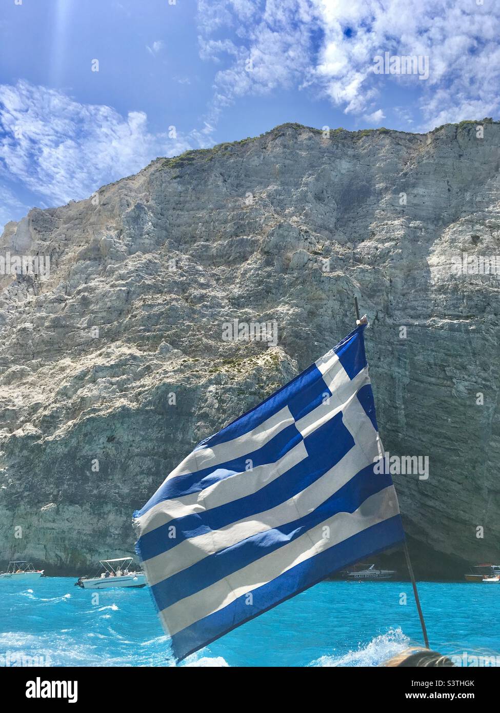 Greek flag waving in wind Stock Photo