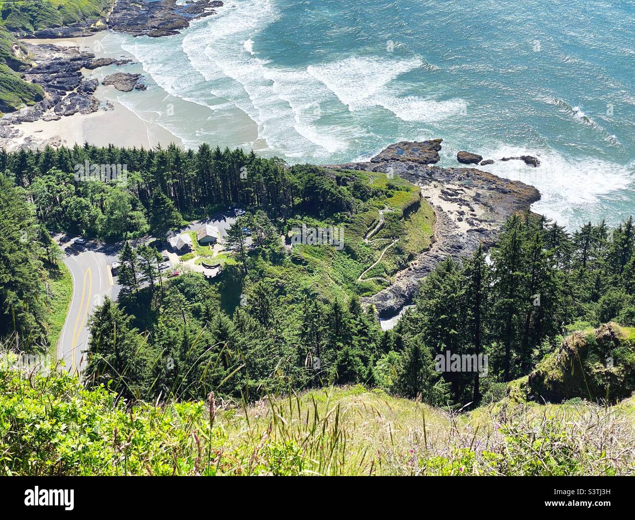 Aerial view of Cape Perpetua on the Oregon coast, in summer. Stock Photo