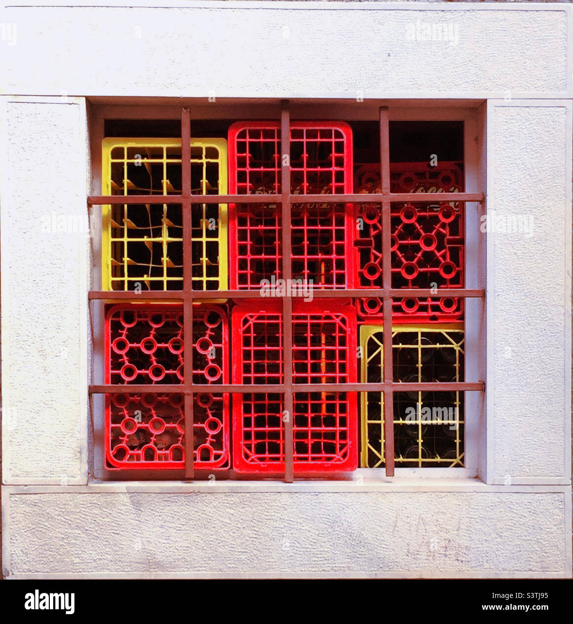 Barred window obstructed with yellow and red plastic crates - Smartphone Captured Stock Image