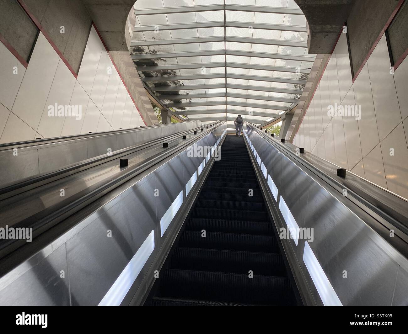 LOS ANGELES, CA, SEP 2021: escalator with person silhouetted at top, leading up from Pershing Square Station on the LA Metro underground rail system - Smartphone Captured Stock Image