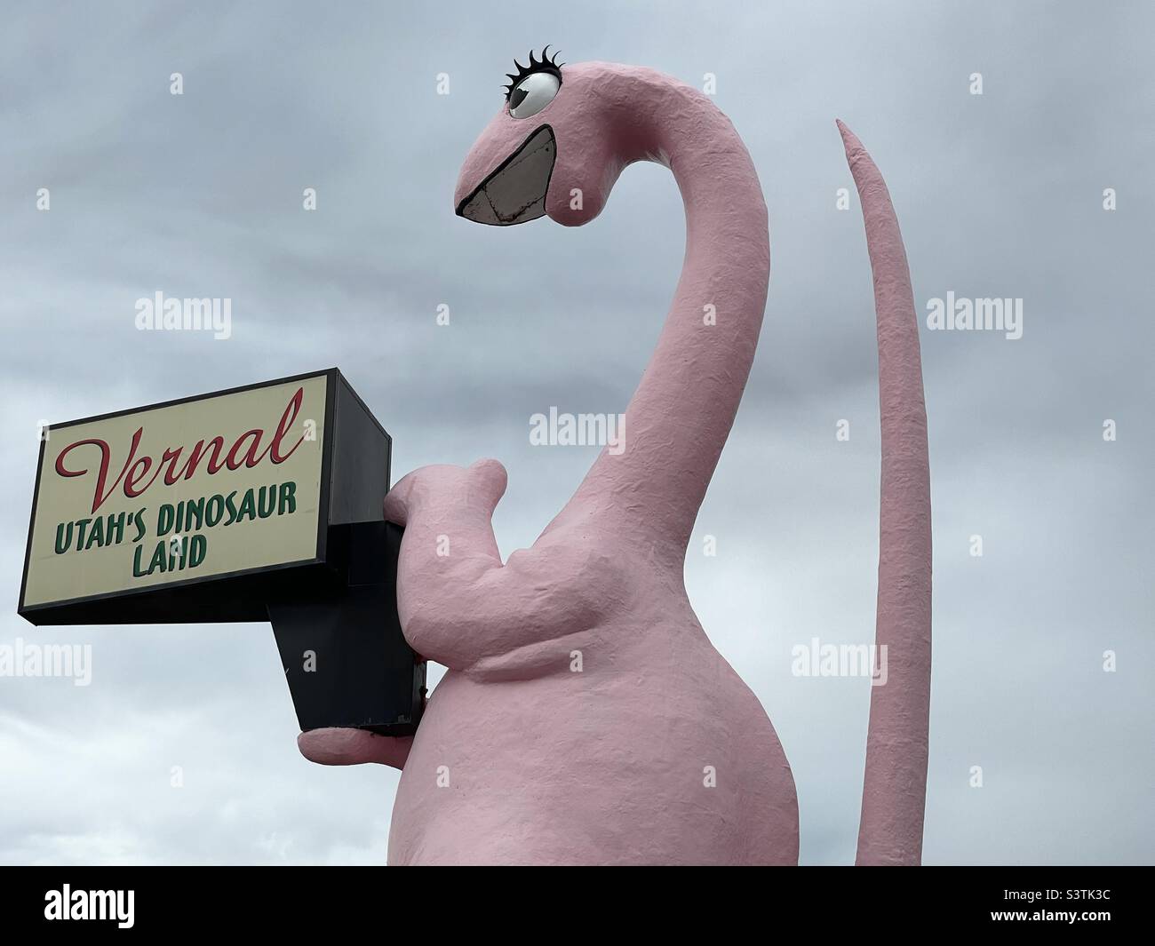A large ”life size” pink dinosaur on the Main St. in Vernal, Utah, USA welcomes all visitors to “Utah’s Dinosaur Land. - Smartphone Captured Stock Image