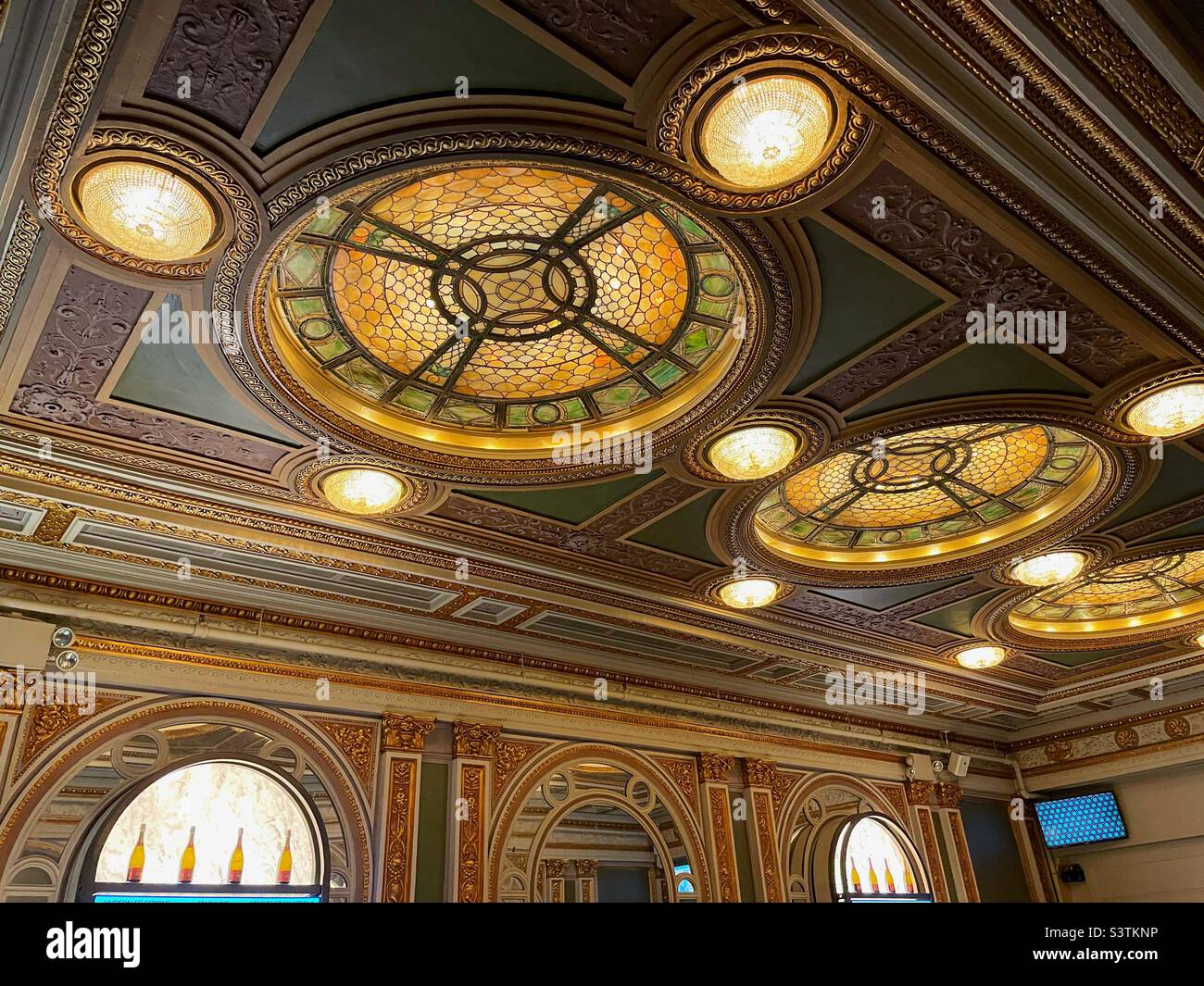 The ceiling of the lobby in the Hudson theater is ornate, 2022, New York City, United States Stock Photo