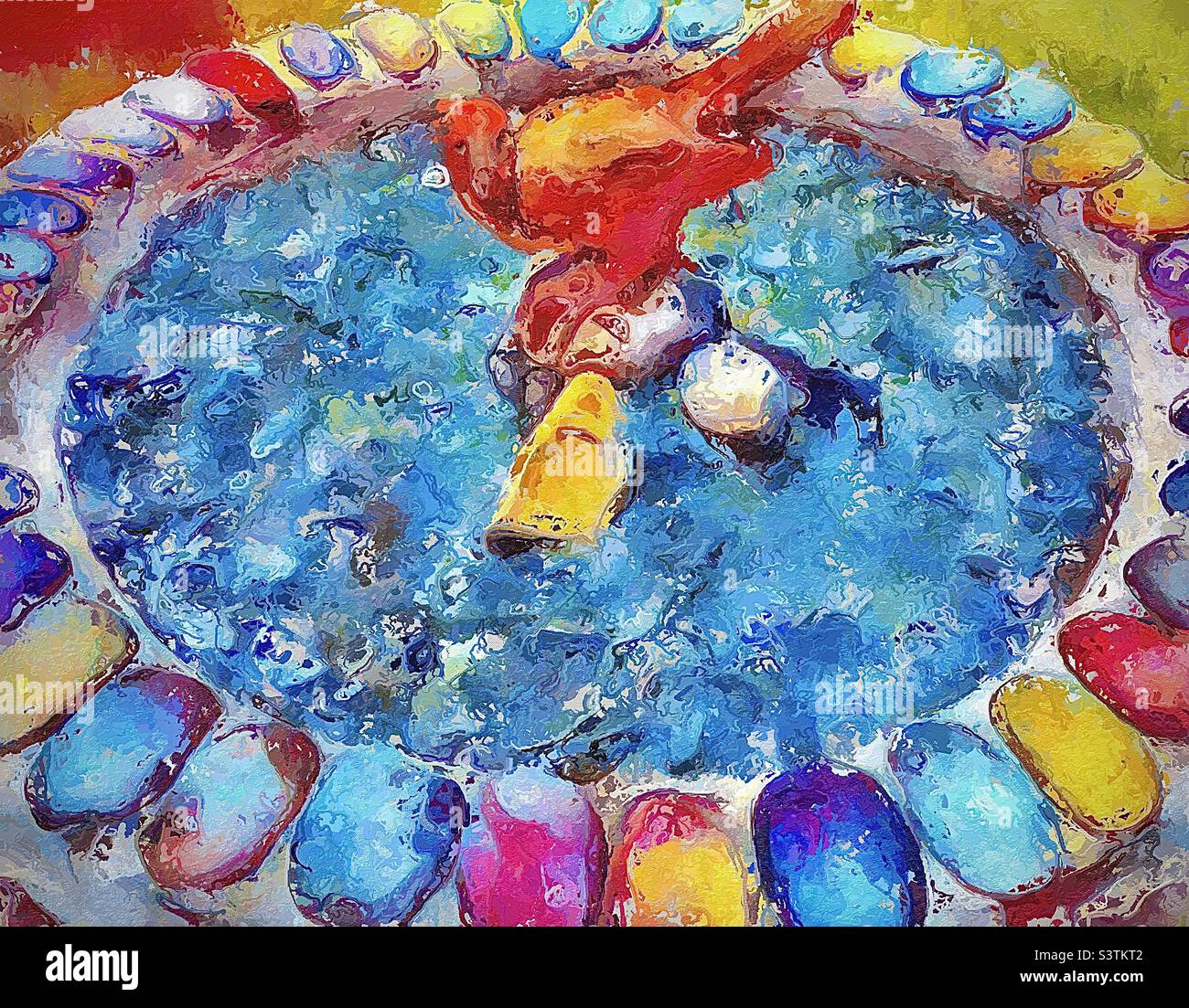 Decorative backyard bird bath made of colorful stones. The painterly effect has been digitally added. - Smartphone Captured Stock Image
