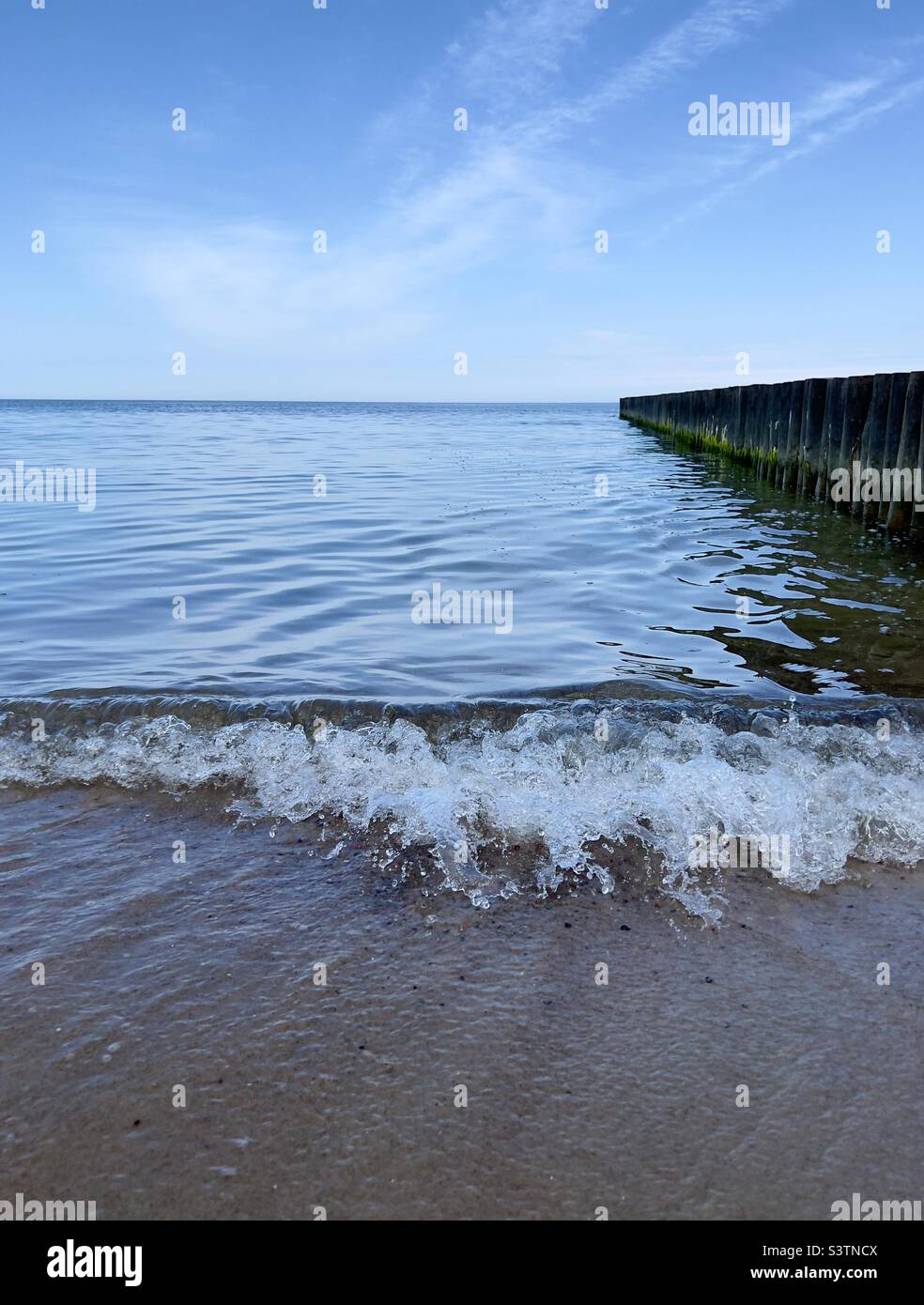 inspiring and stunning natural backdrop.  sea sandy shore, light wave and breakwater made of wooden logs.  natural fresh wallpaper.  leisure and ecology concept. Stock Photo
