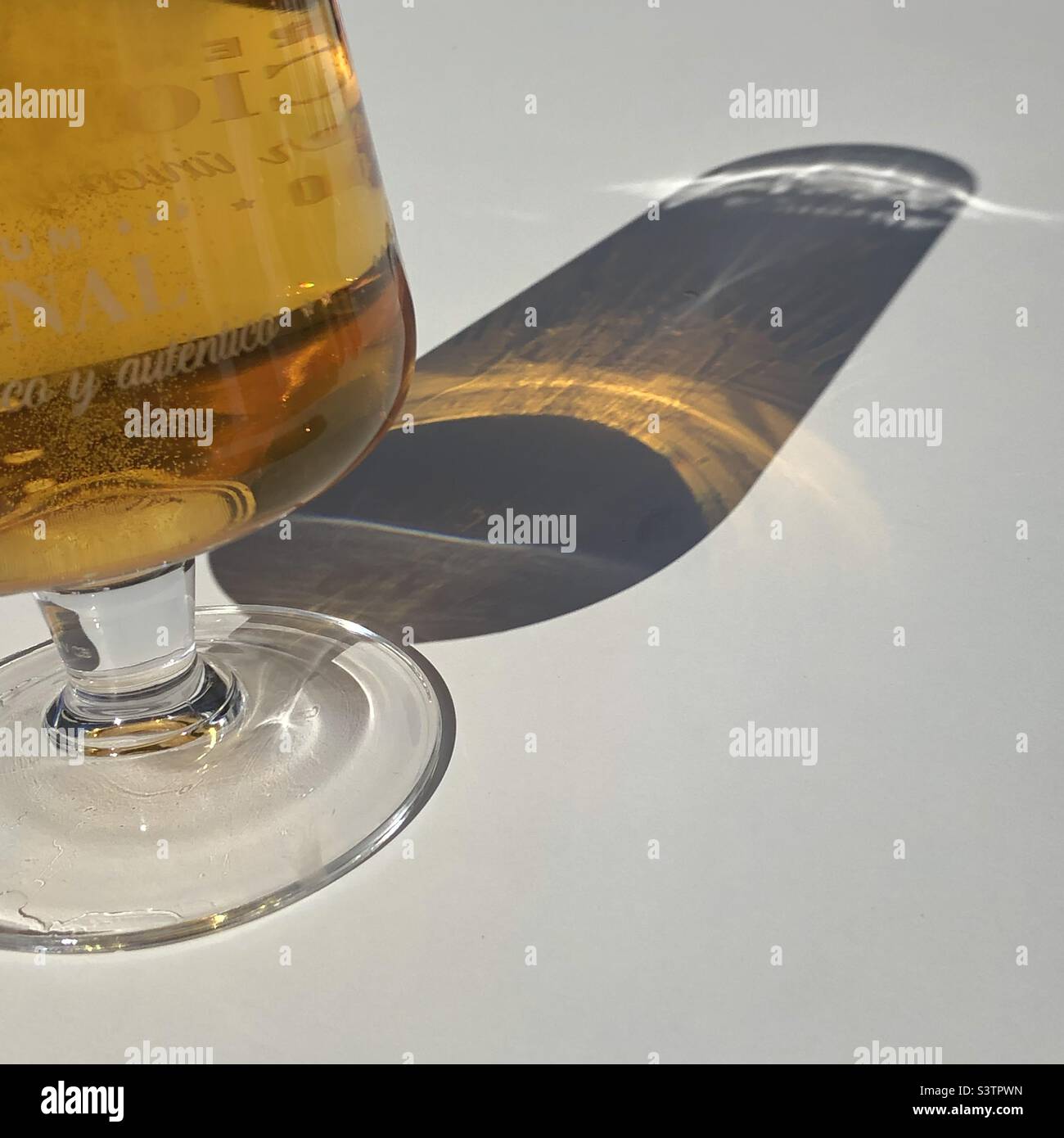 A detailed closeup of a glass of beer casting a high contrast shadow on a white table top. - Smartphone Captured Stock Image