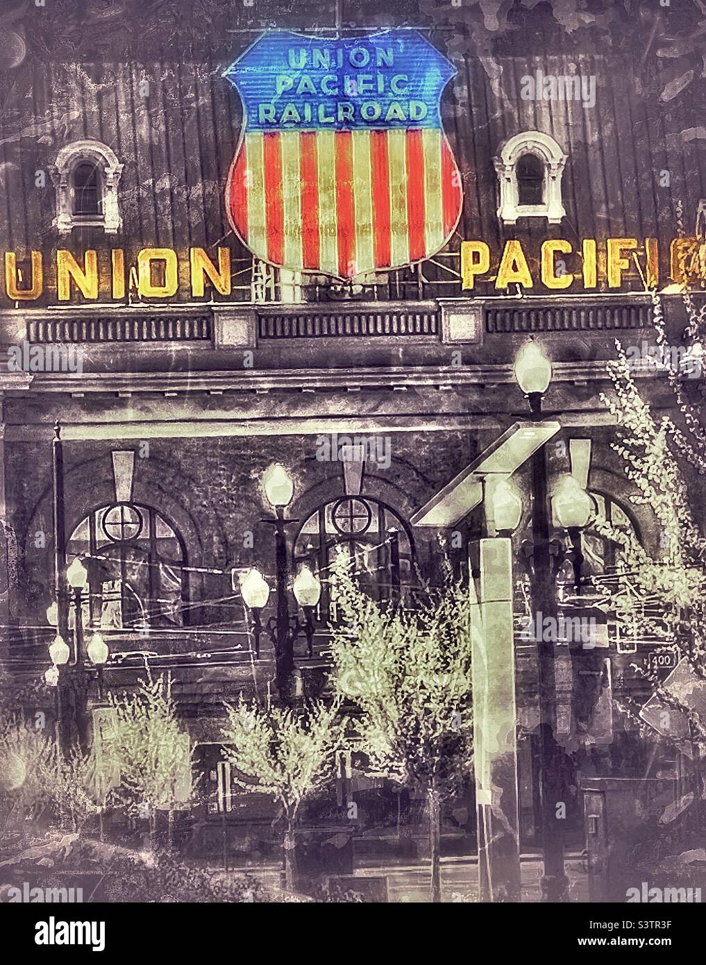 The old Union Pacific Railroad building in downtown Salt Lake City, Utah, USA with grunge effect. - Smartphone Captured Stock Image