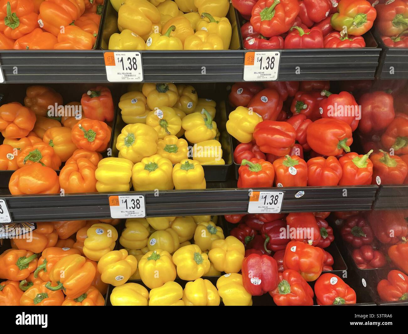 Fresh peppers, in orange, yellow and red, available for sale in a Walmart produce department in Utah, USA. - Smartphone Captured Stock Image
