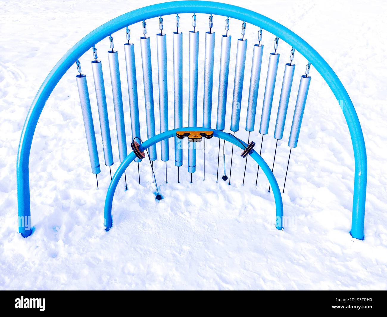 Musical apparatus in snow, outdoors, Ontario, Canada. Music in all seasons, all weathers. Stock Photo