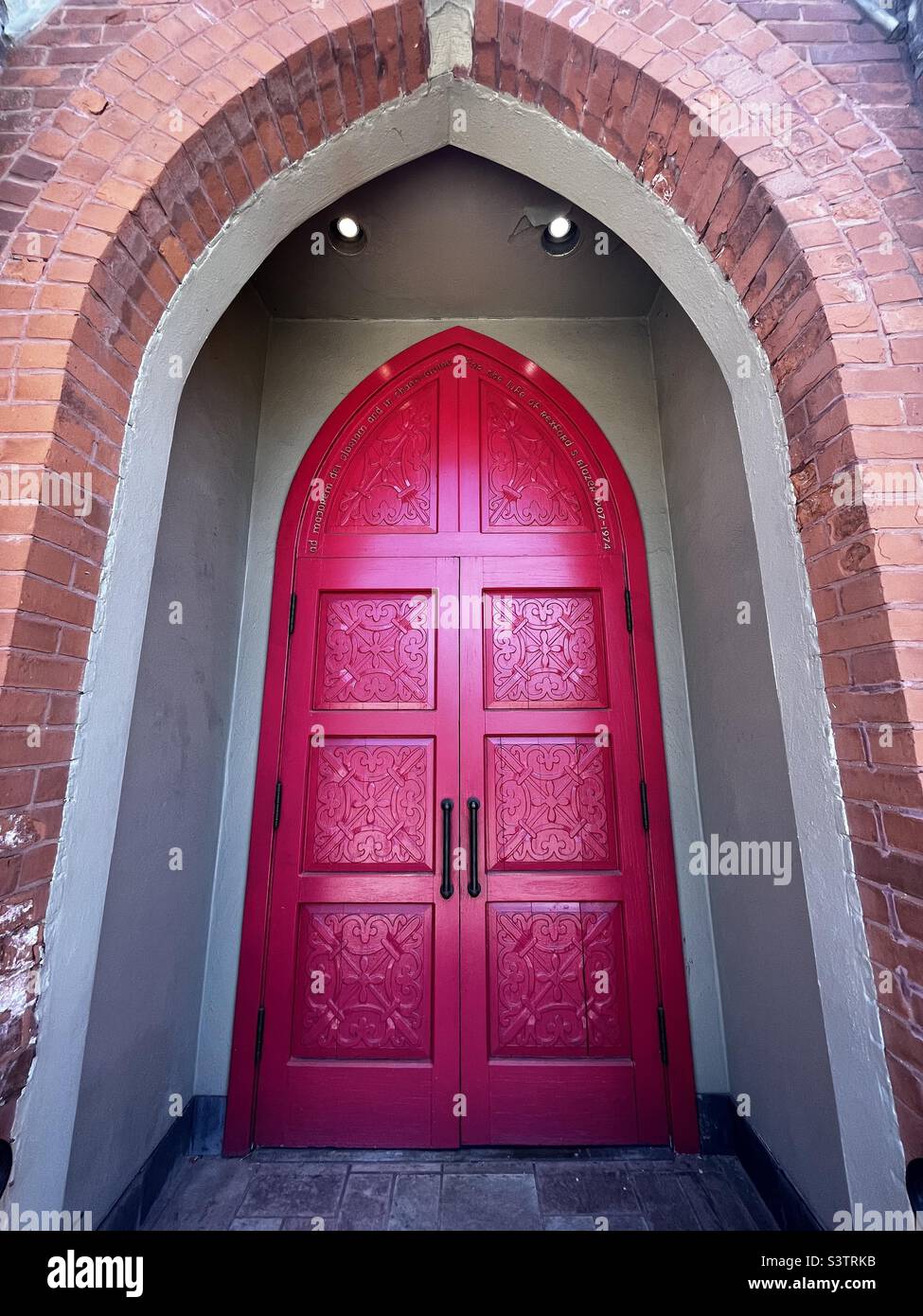 The door and entrance to Calvary Episcopal Church in Ashland Kentucky year 2022. - Smartphone Captured Stock Image