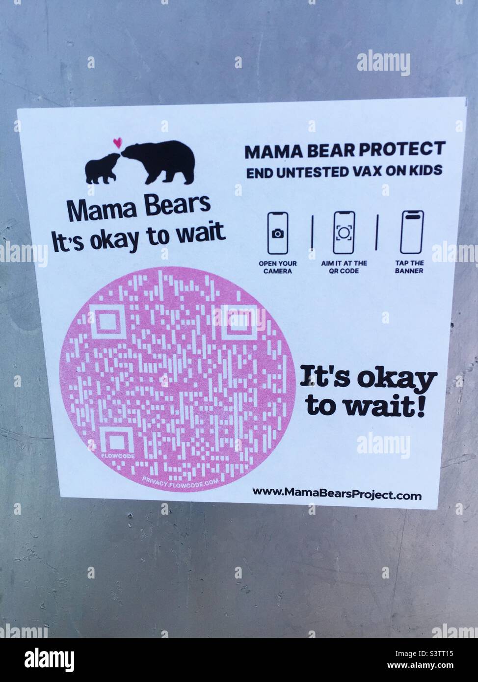 Anti-vax campaign, using Mama Bear analogy. Ontario, Canada. Creative. Anti-vaccination. State-of-the-art. QR code. - Smartphone Captured Stock Image
