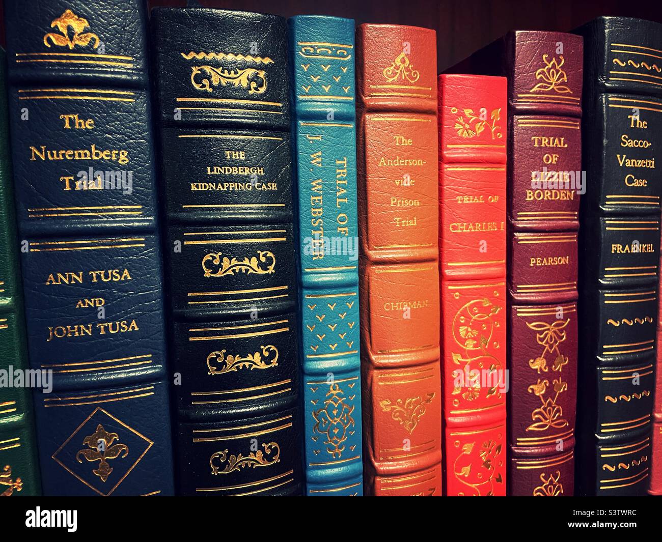 Row of hard back classic books in  A lawyers office library, 2022, USA Stock Photo