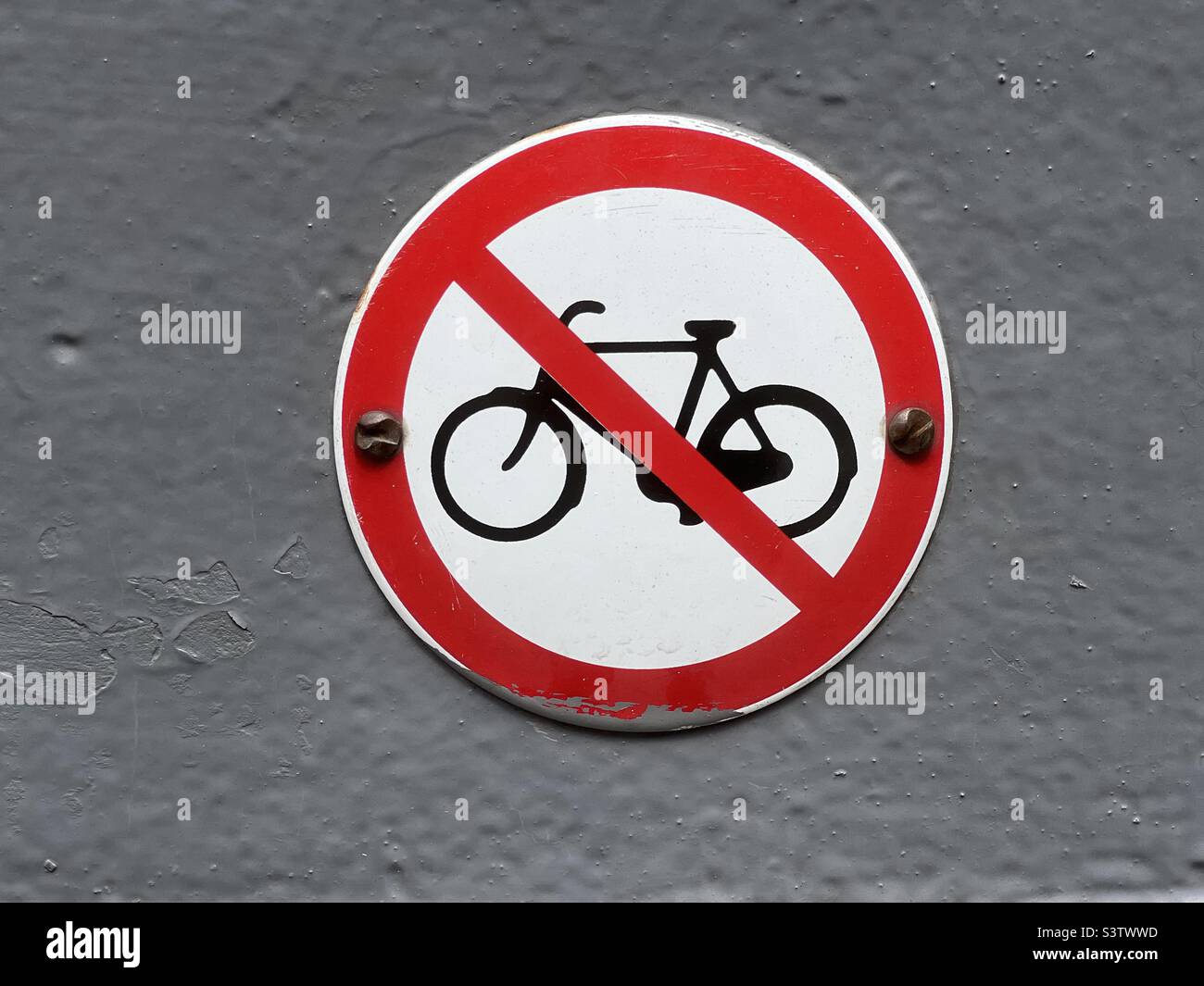 No bicycles warning metallic sign in Amsterdam - Smartphone Captured Stock Image