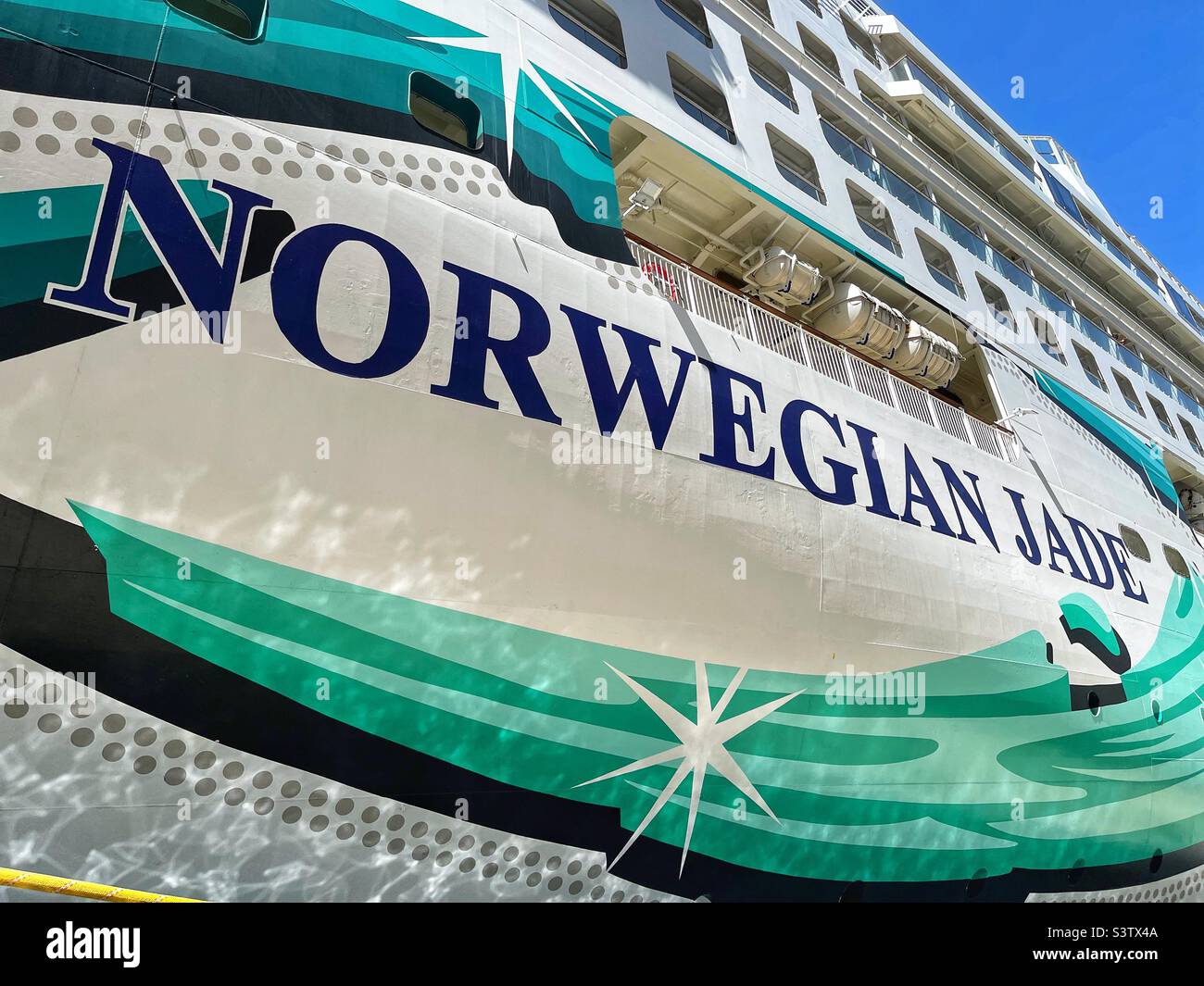 Close up view of the side of the Norwegian Cruise Lines cruise ship Norwegian Jade Stock Photo