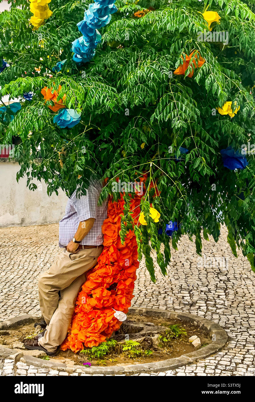 Summertime is festa time in Portugal, a casually dressed man takes shade under a colourfully decorated tree, his head lost in the leaves - Smartphone Captured Stock Image