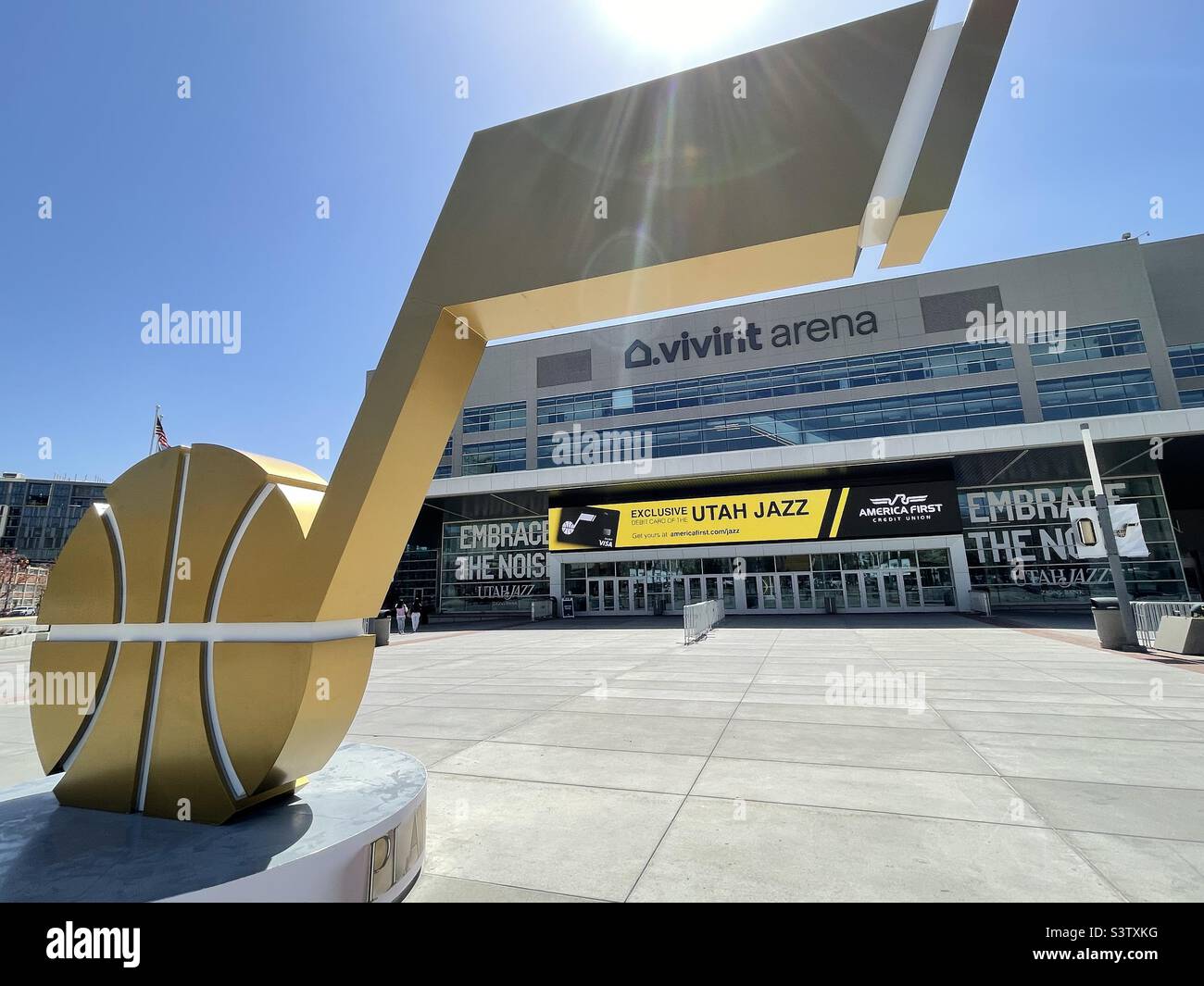 Large Utah Jazz basketball logo sets in front of the Vivint Arena, the home of The Utah Jazz in SLC, Utah, USA. Stock Photo