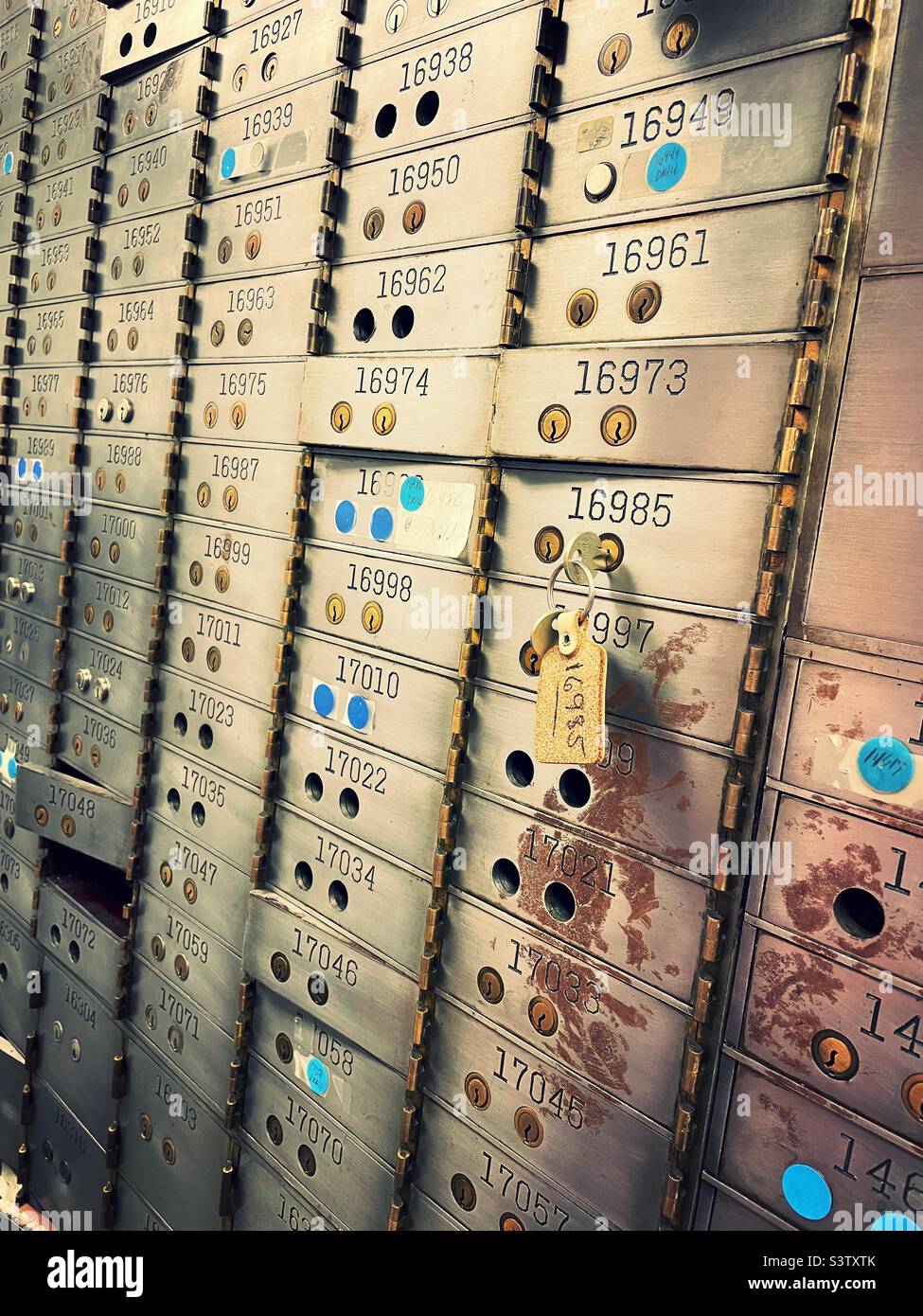 A wall of safe deposit boxes in a bank branch Inn Midtown Manhattan, New York City, 2022, USA Stock Photo