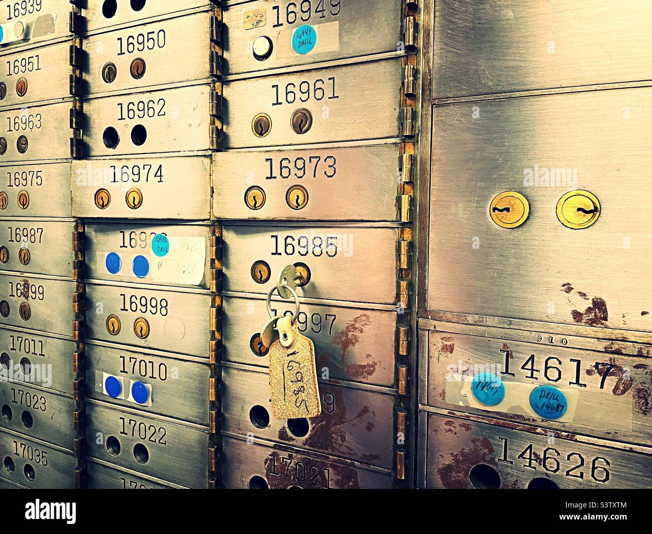 A wall of safety deposit boxes in a local bank branch Inn Midtown Manhattan, 2022, New York City, USA Stock Photo