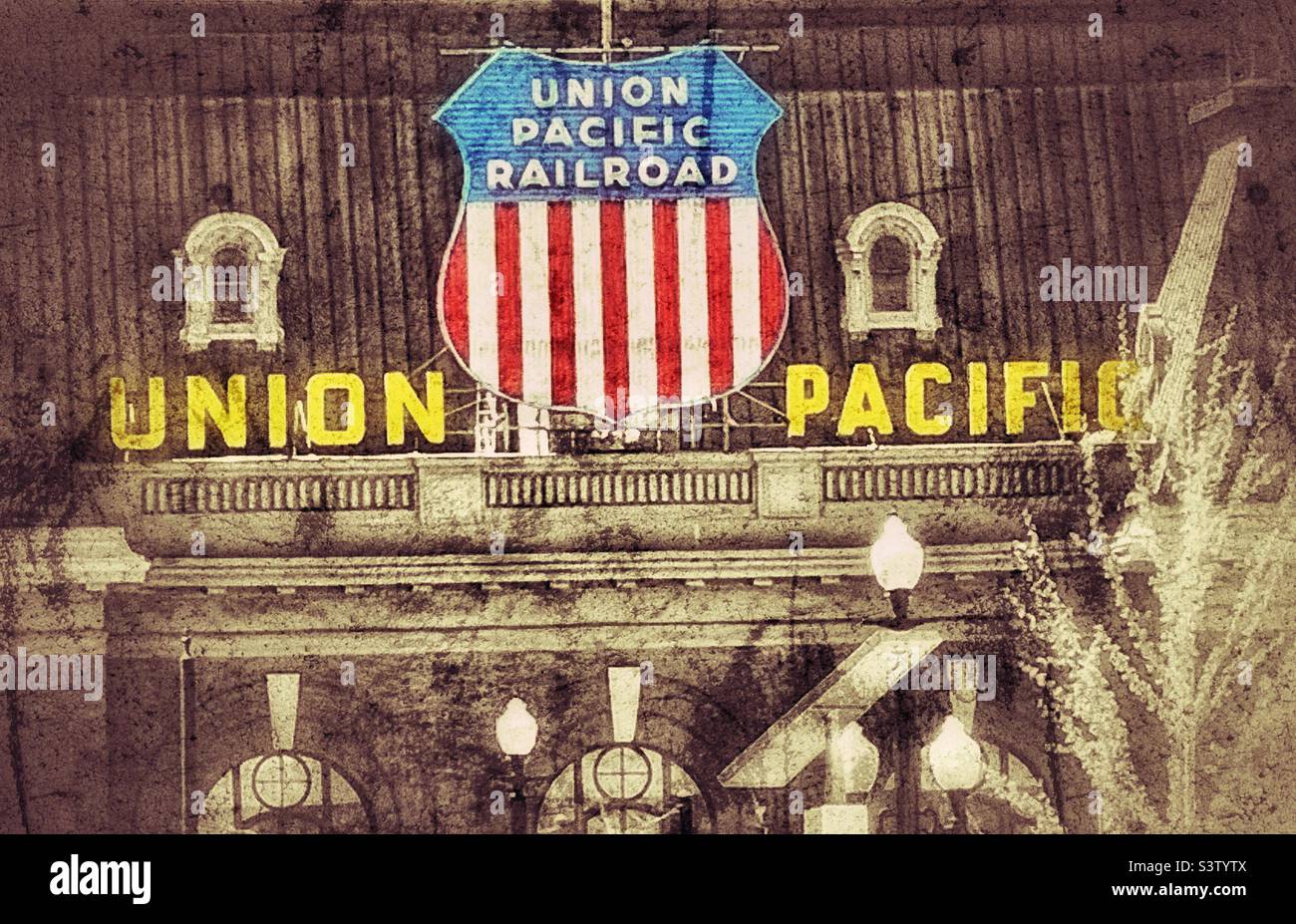 The old Union Pacific Railroad building in downtown Salt Lake City, Utah, USA. The color select and grunge effects have been digitally added for artistic effect. - Smartphone Captured Stock Image