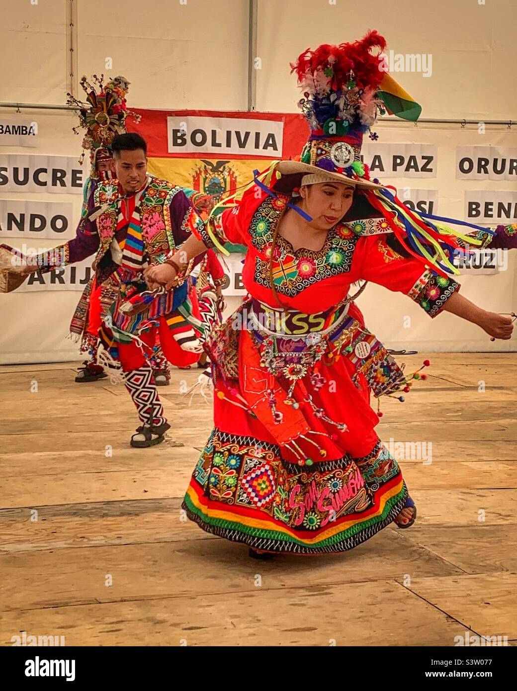 Indigenous tinku dancers from the altiplano Bolivia Stock Photo