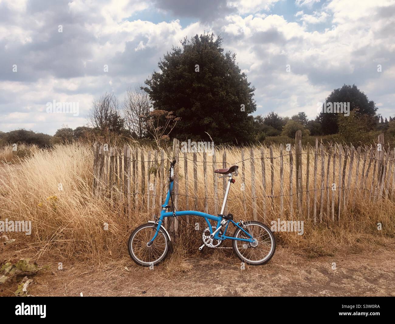 British made folding bike Brompton in a park - Smartphone Captured Stock Image