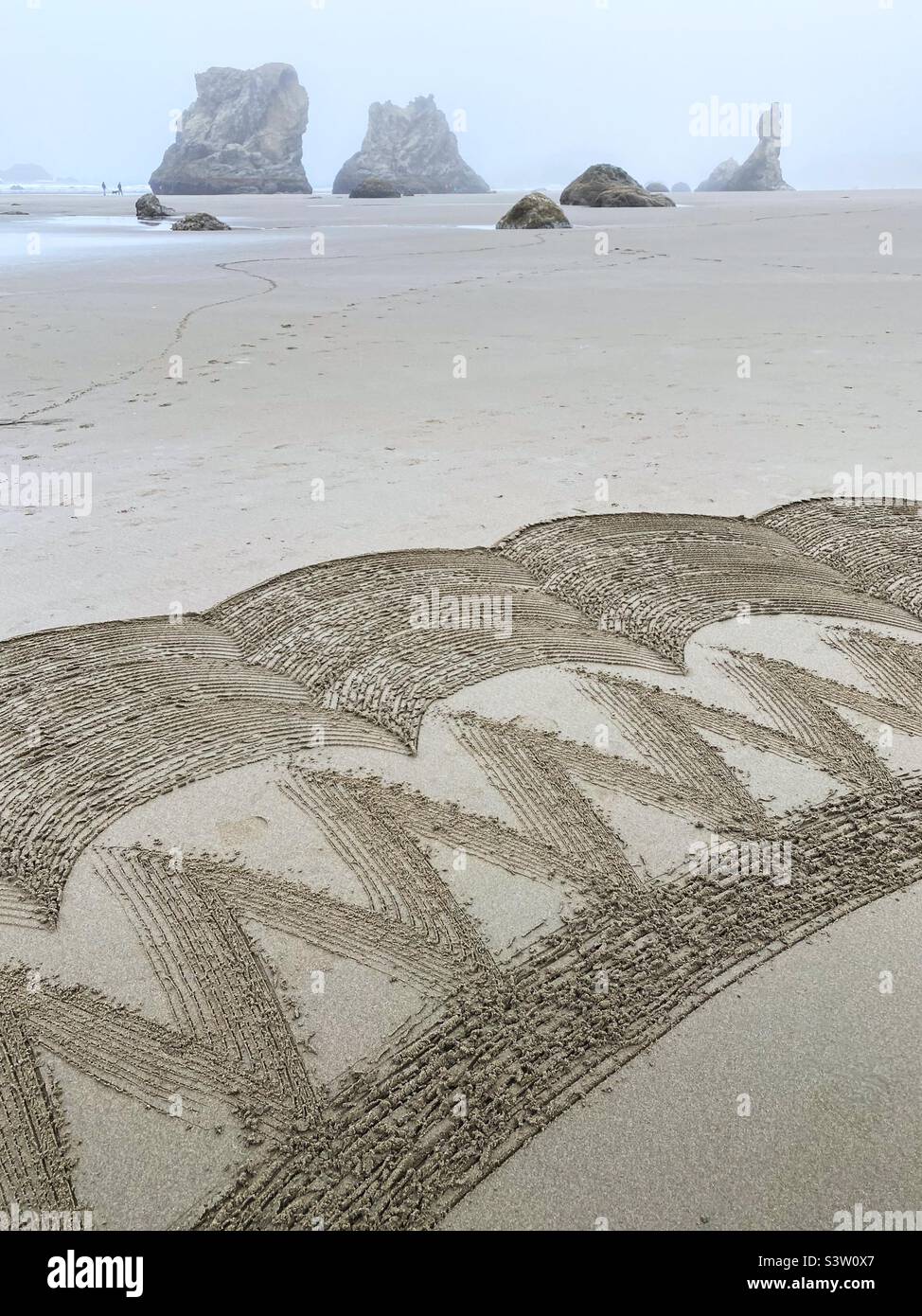 A section of a sand labyrinth on Face Rock beach in Bandon, Oregon. Stock Photo