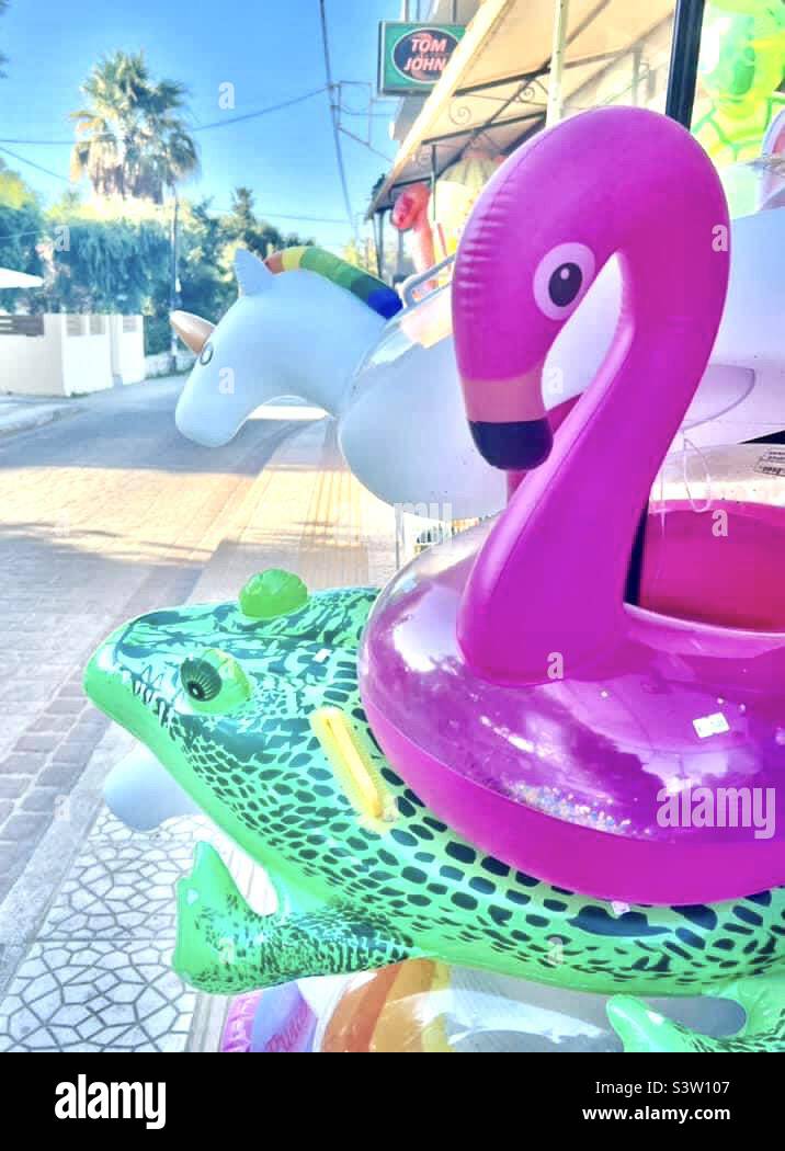 Inflatables in a shop in Greece - Smartphone Captured Stock Image