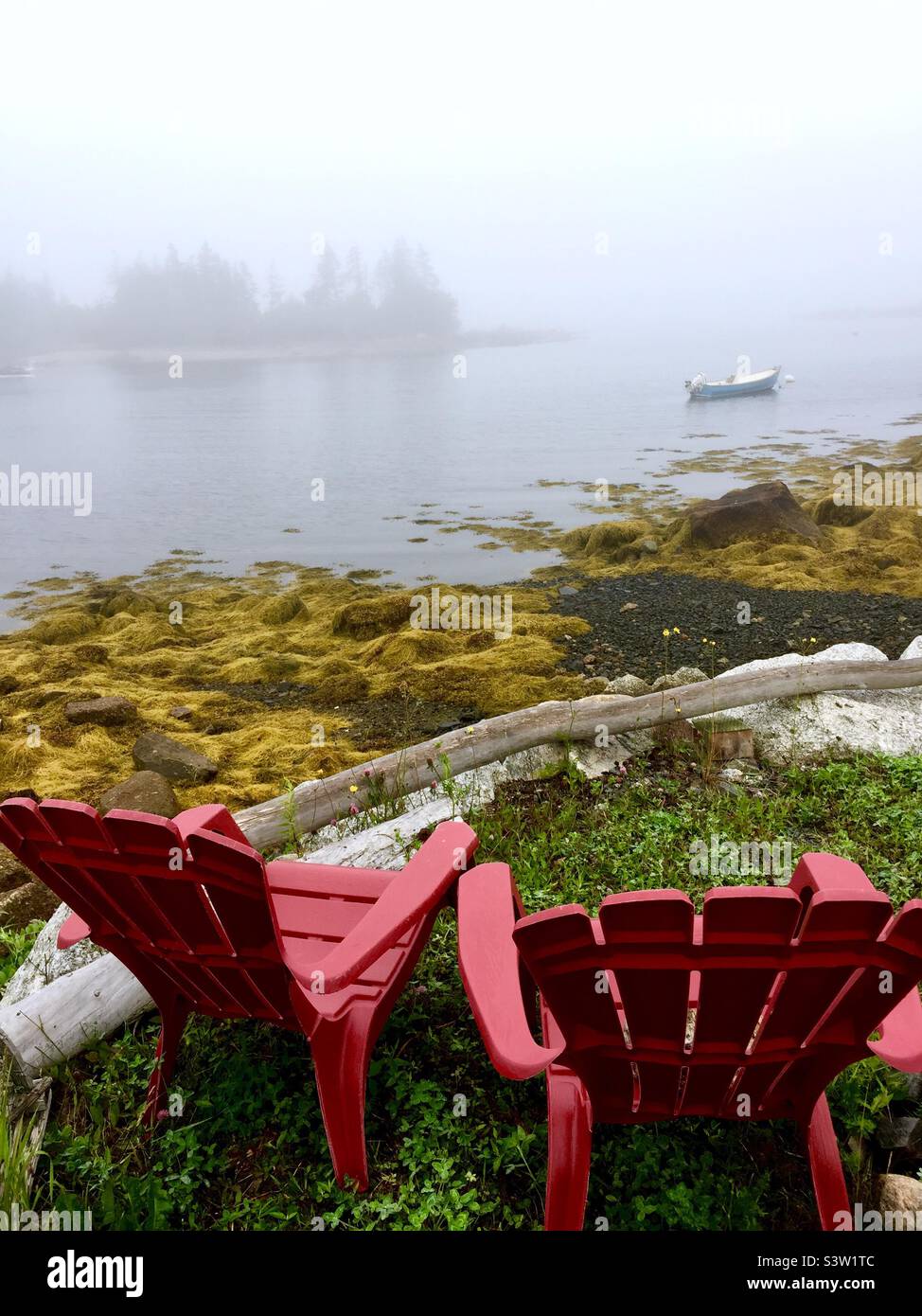 Waiting for fog to lift in a cove of the Atlantic Ocean, Halifax, Canada. Perfect spot for sitting, reflecting, or quiet contemplation. Stock Photo