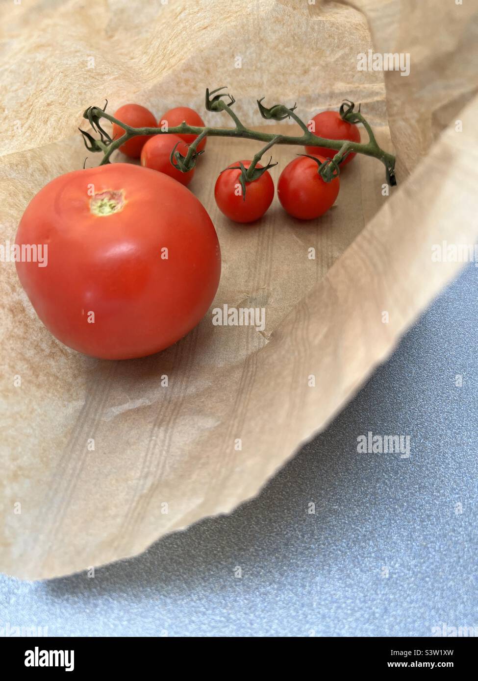 Tomatoes in a paper bag Stock Photo