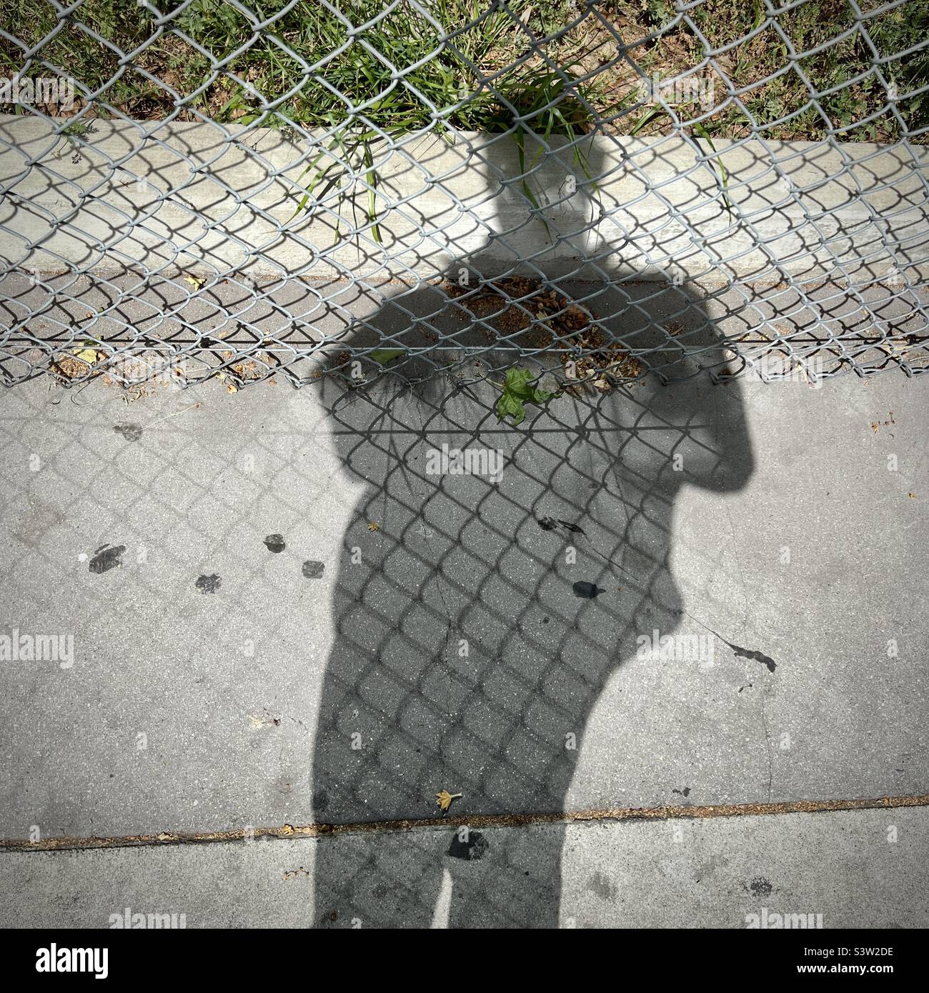 Reflected light from nearby buildings casts shadow of chain link fence across shadow of man on sidewalk Stock Photo