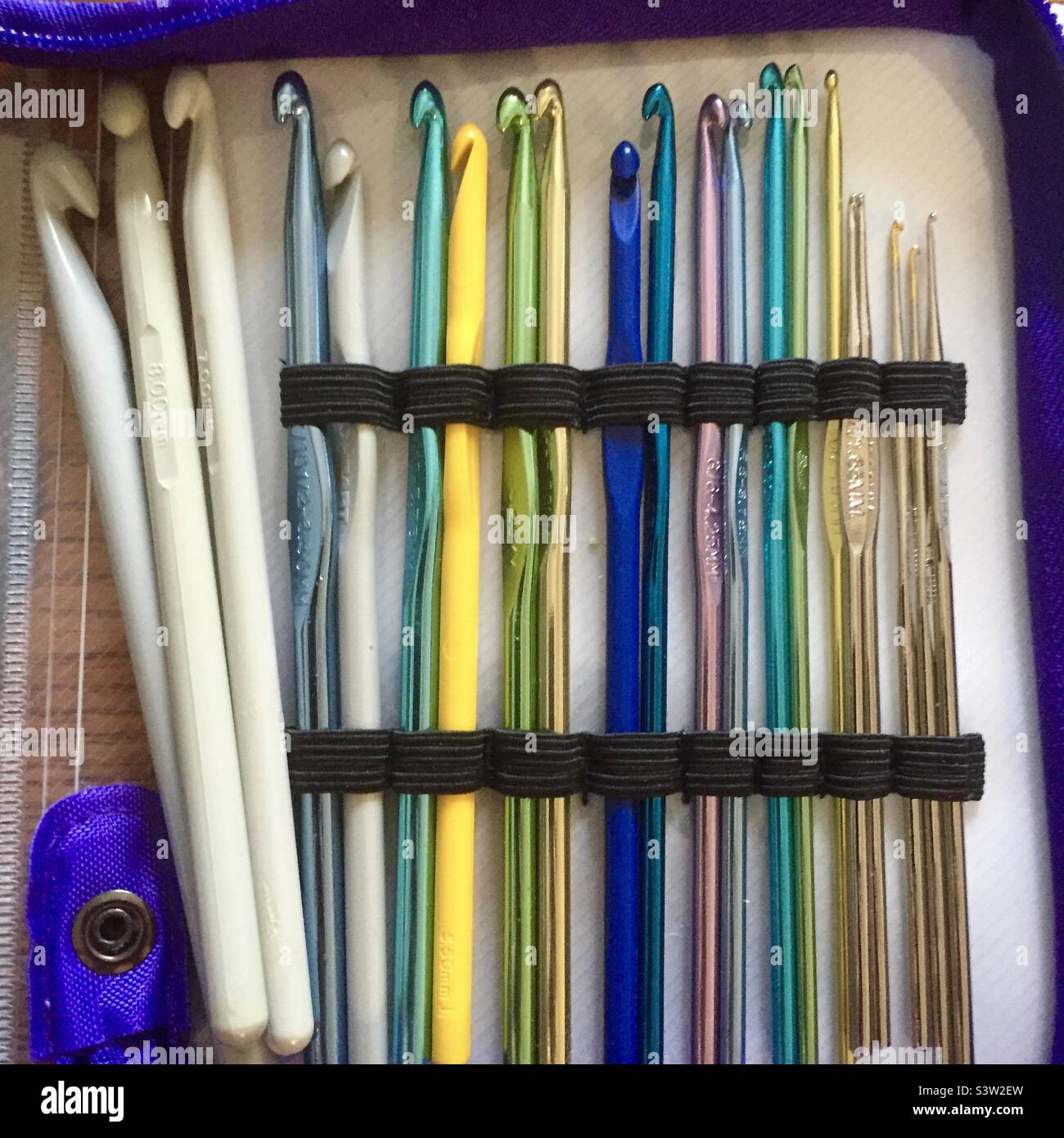 Crochet hooks in multiple sizes and colours Stock Photo
