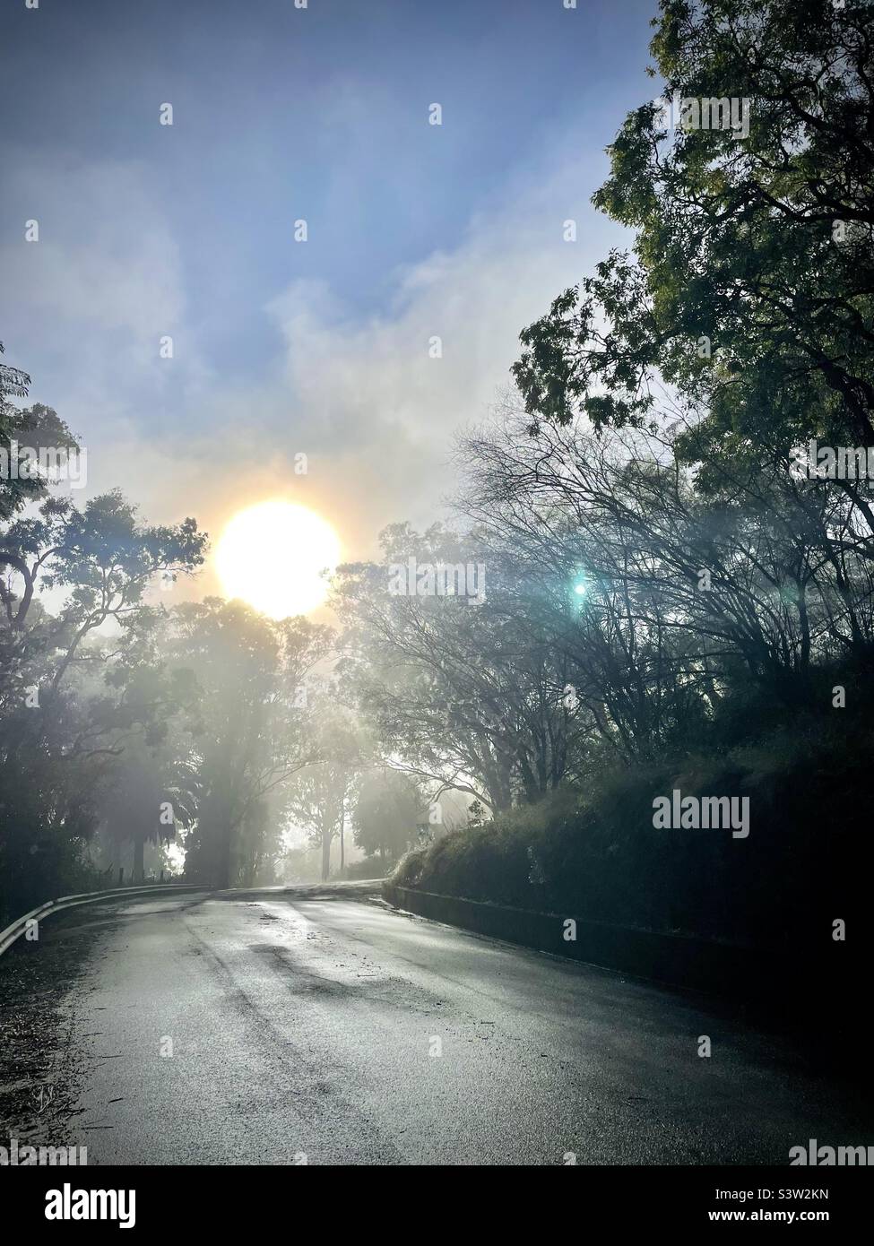 Road with fog at sunrise hi-res stock photography and images - Alamy
