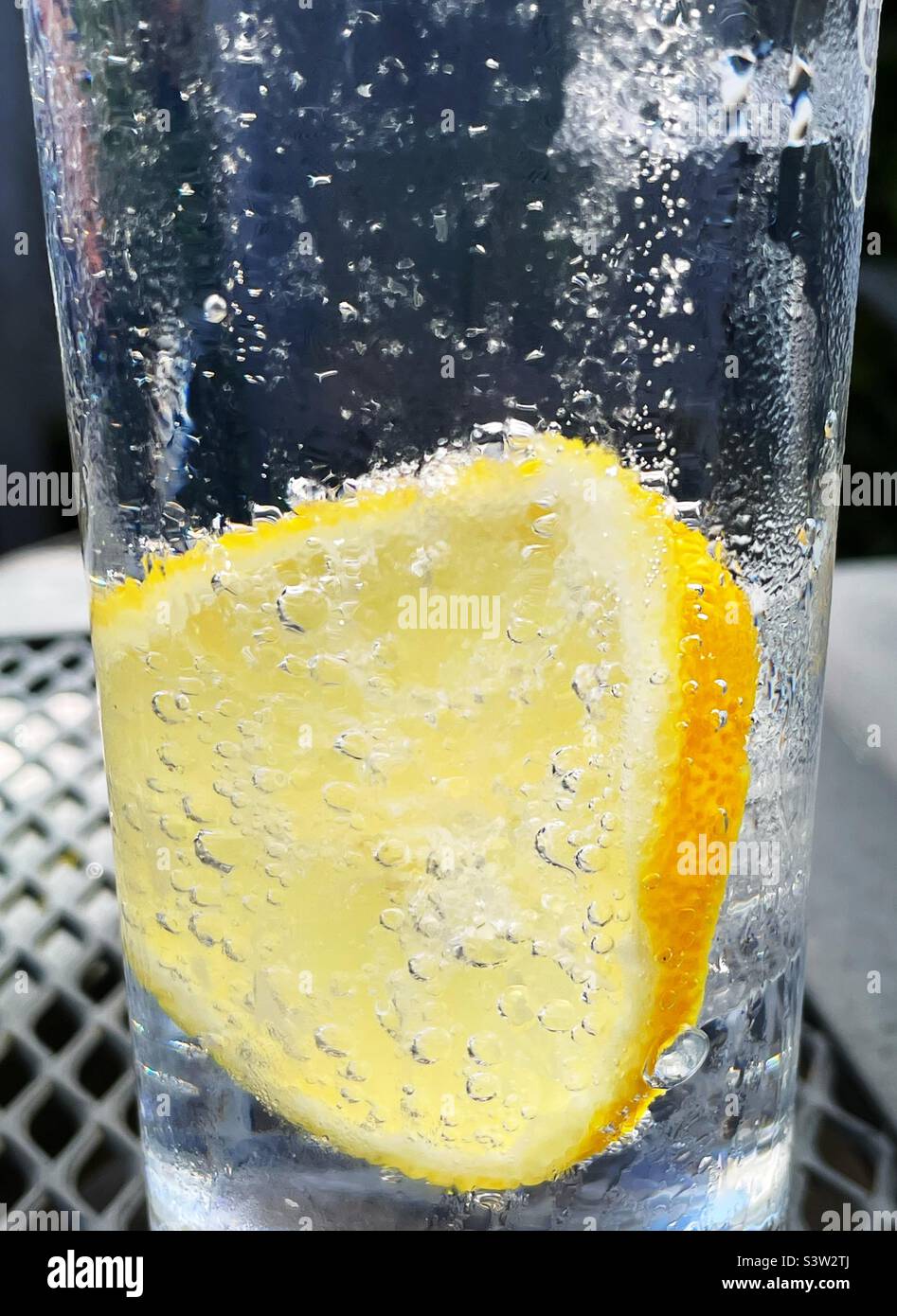 Gin and Tonic with a slice of lemon. Stock Photo