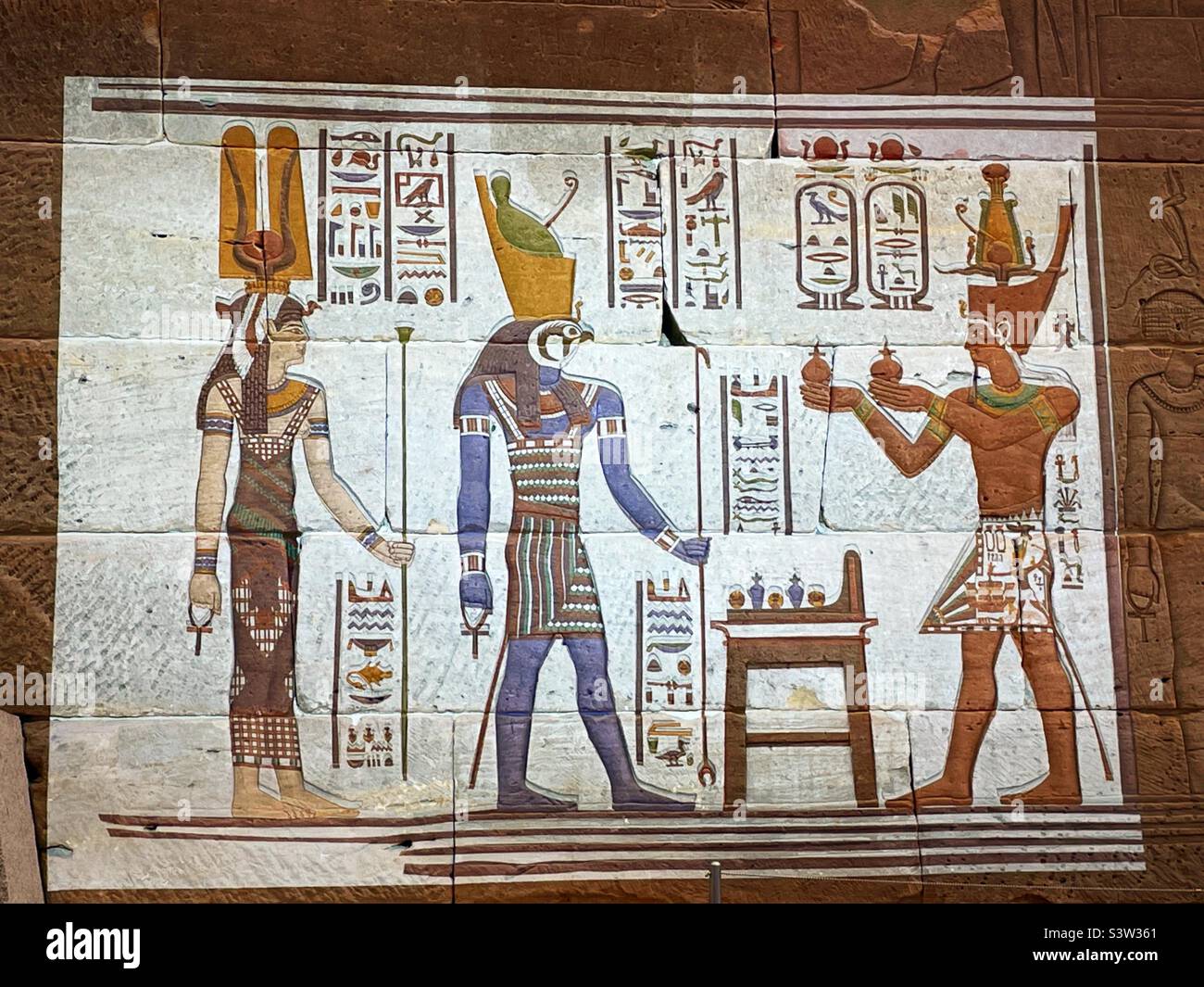 Illuminated and colorized hieroglyphics on the Temple of Dendur, metropolitan museum of art, new York city, United States, 2022 Stock Photo